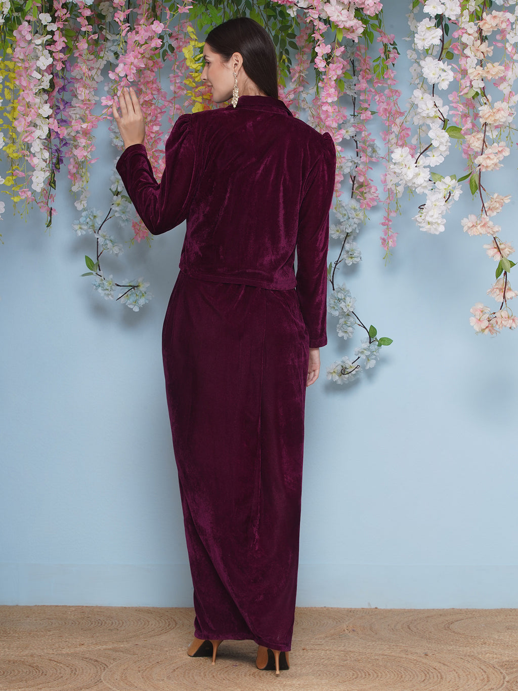 Women Wine Hand Embellished Jacket with inner and skirt