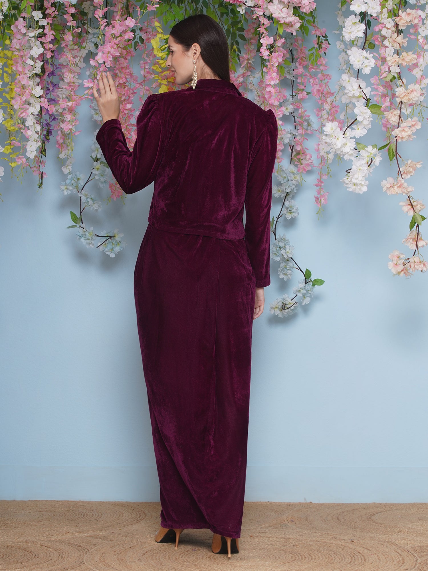 Women Wine Hand Embellished Jacket with inner and skirt