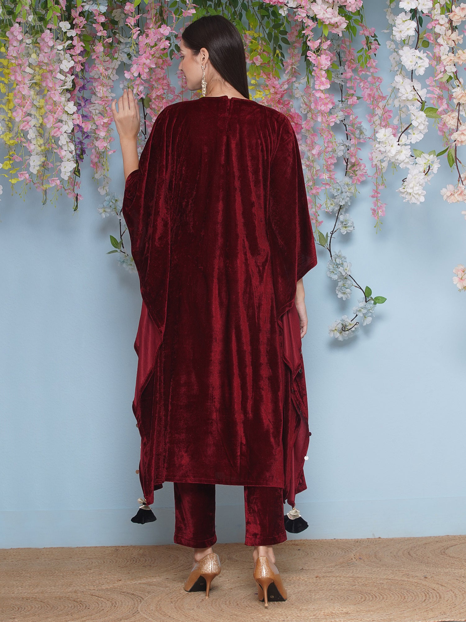 Women Maroon Velvet Hand Embellished Kaftaan Set