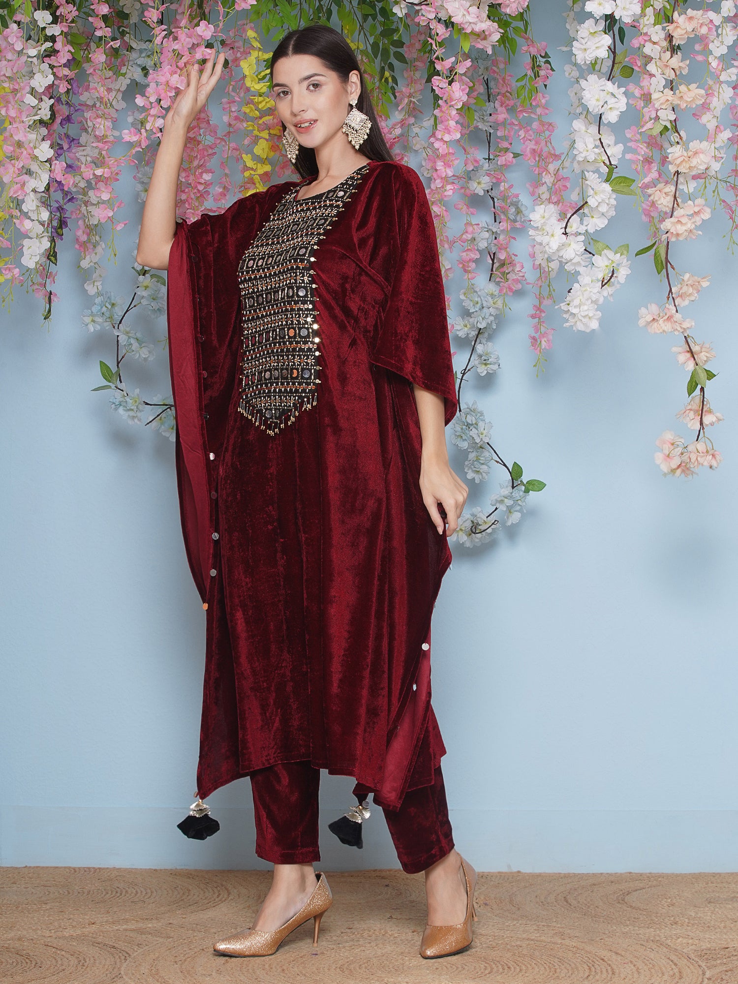Women Maroon Velvet Hand Embellished Kaftaan Set