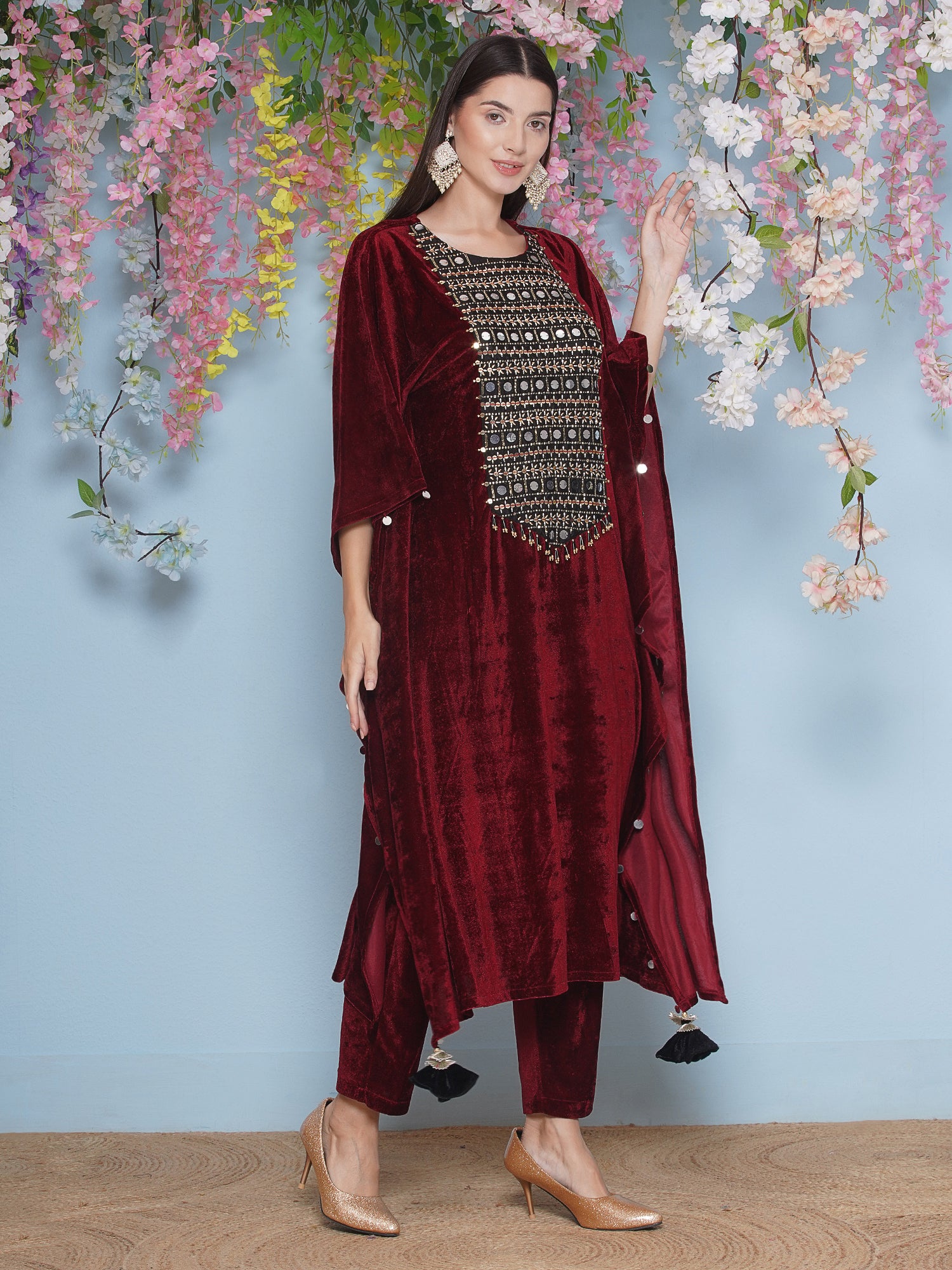 Women Maroon Velvet Hand Embellished Kaftaan Set