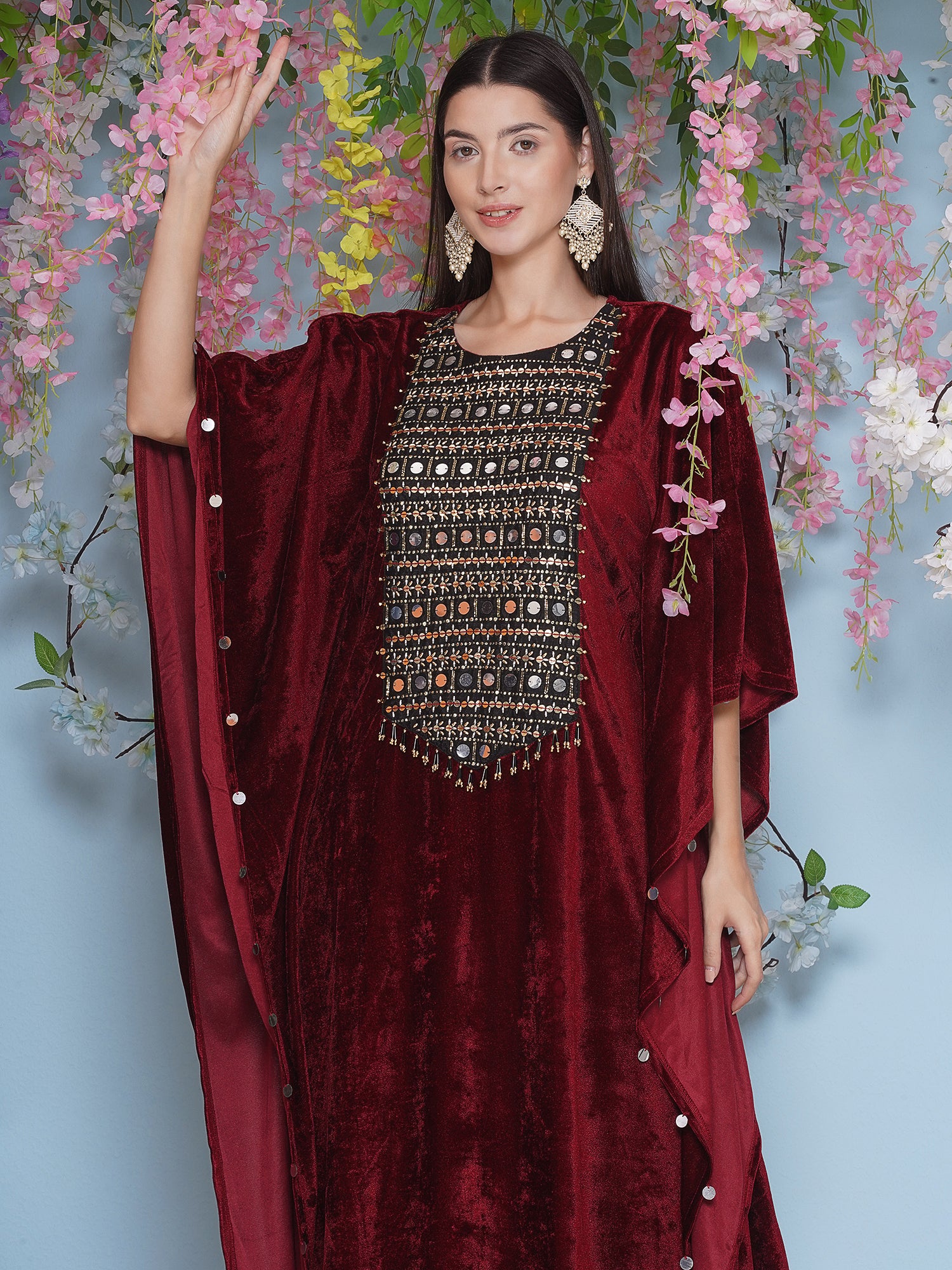 Women Maroon Velvet Hand Embellished Kaftaan Set