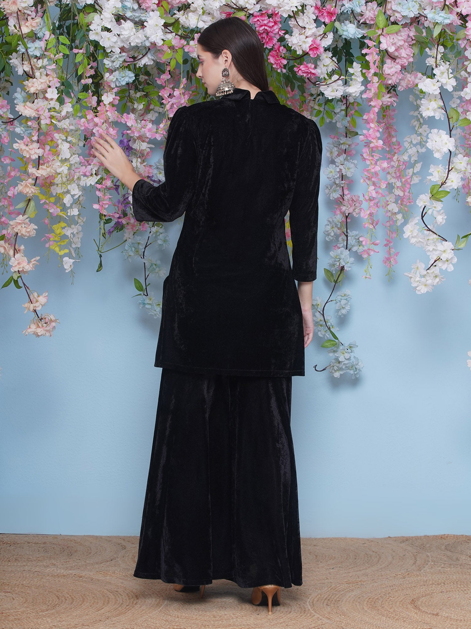Women Black Velvet Sharara Set