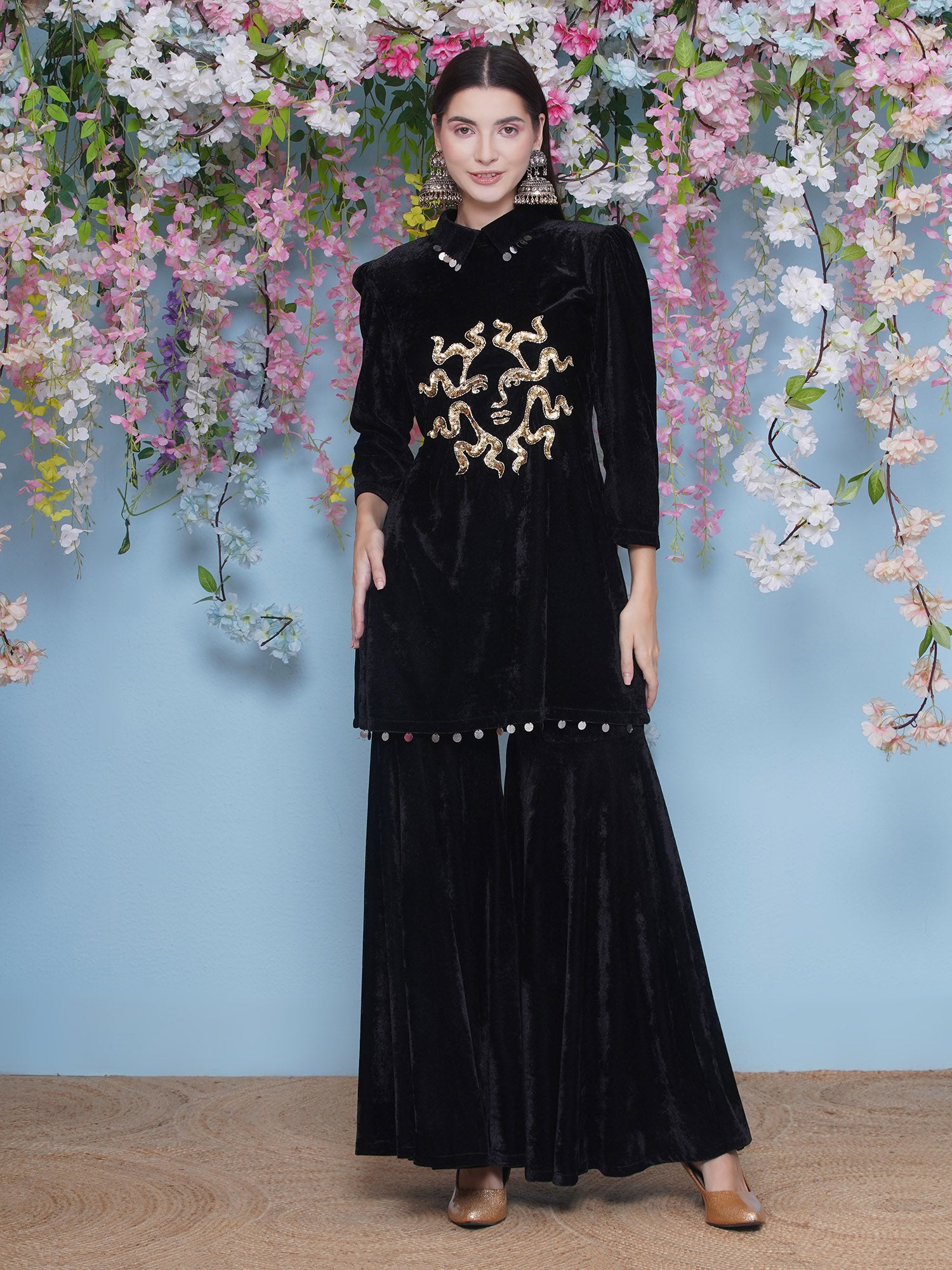 Women Black Velvet Sharara Set