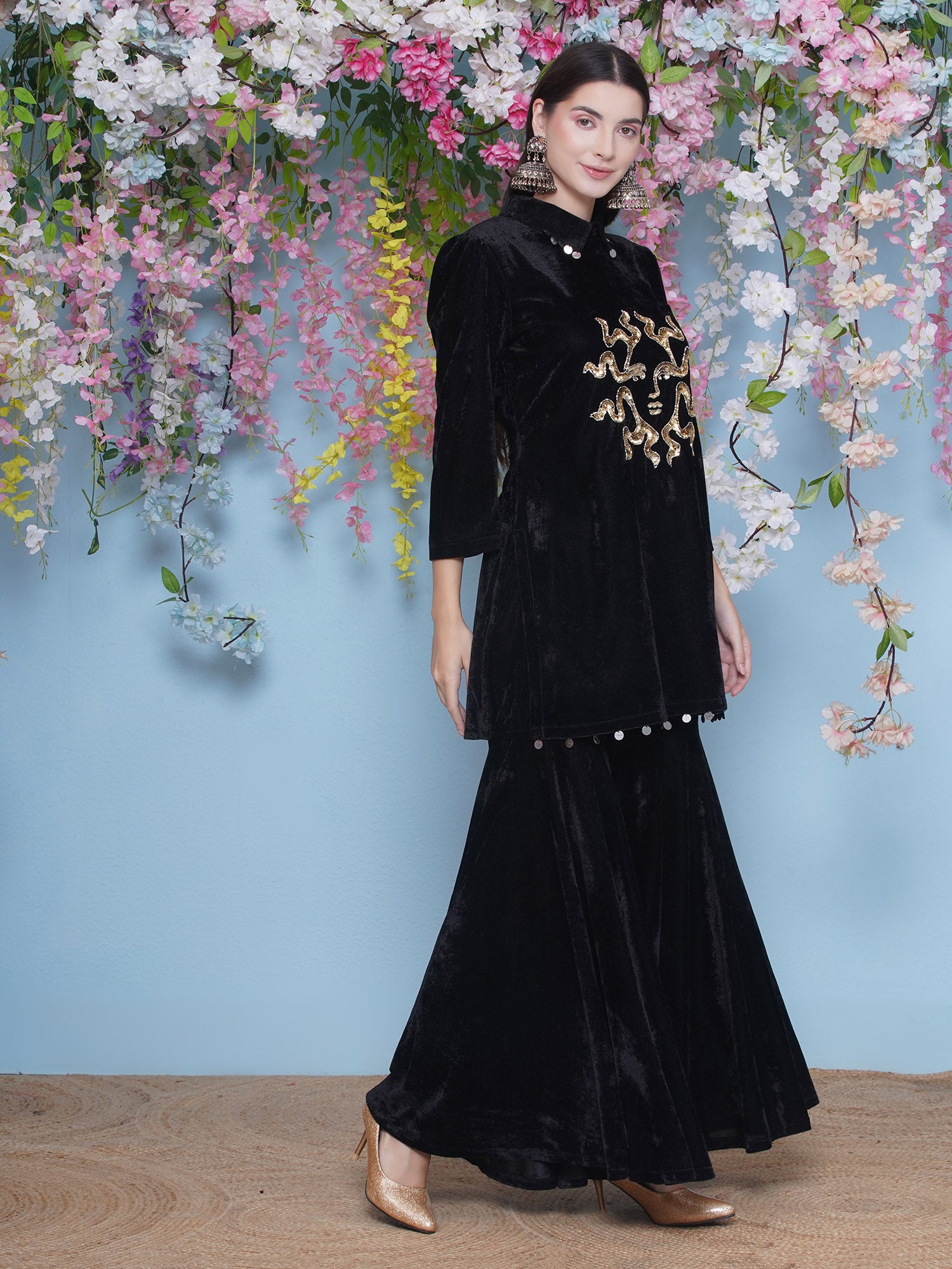 Women Black Velvet Sharara Set