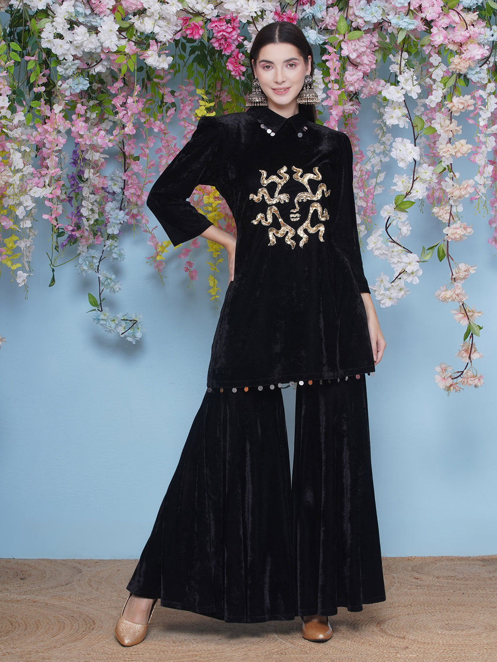 Women Black Velvet Sharara Set