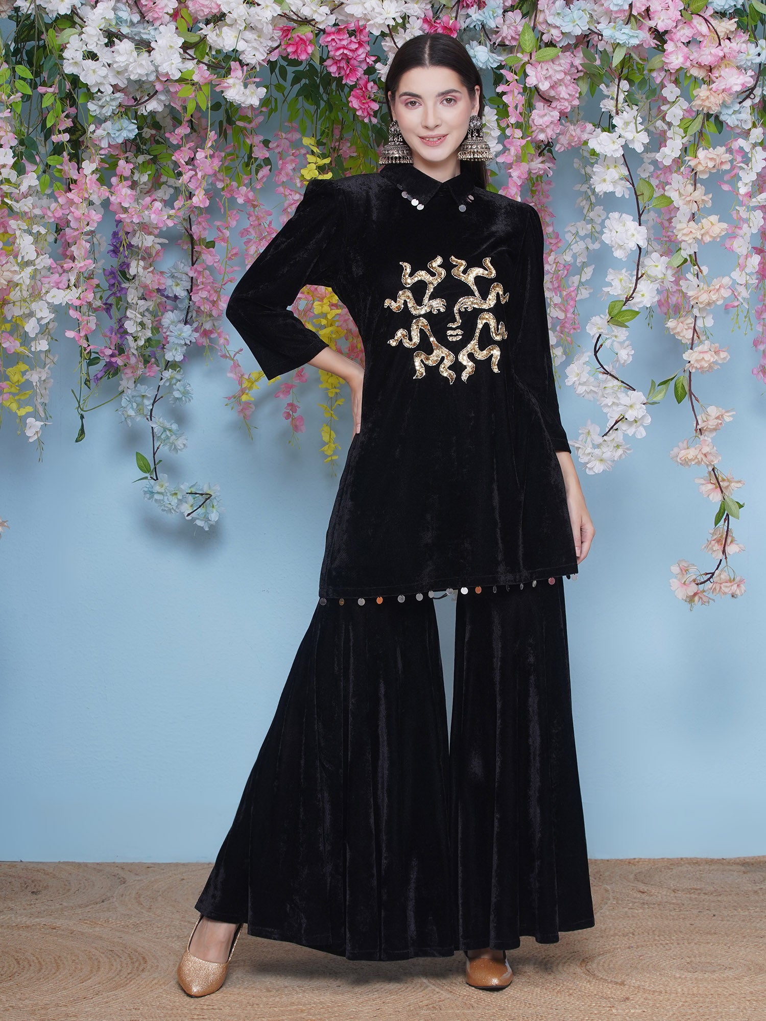 Women Black Velvet Sharara Set