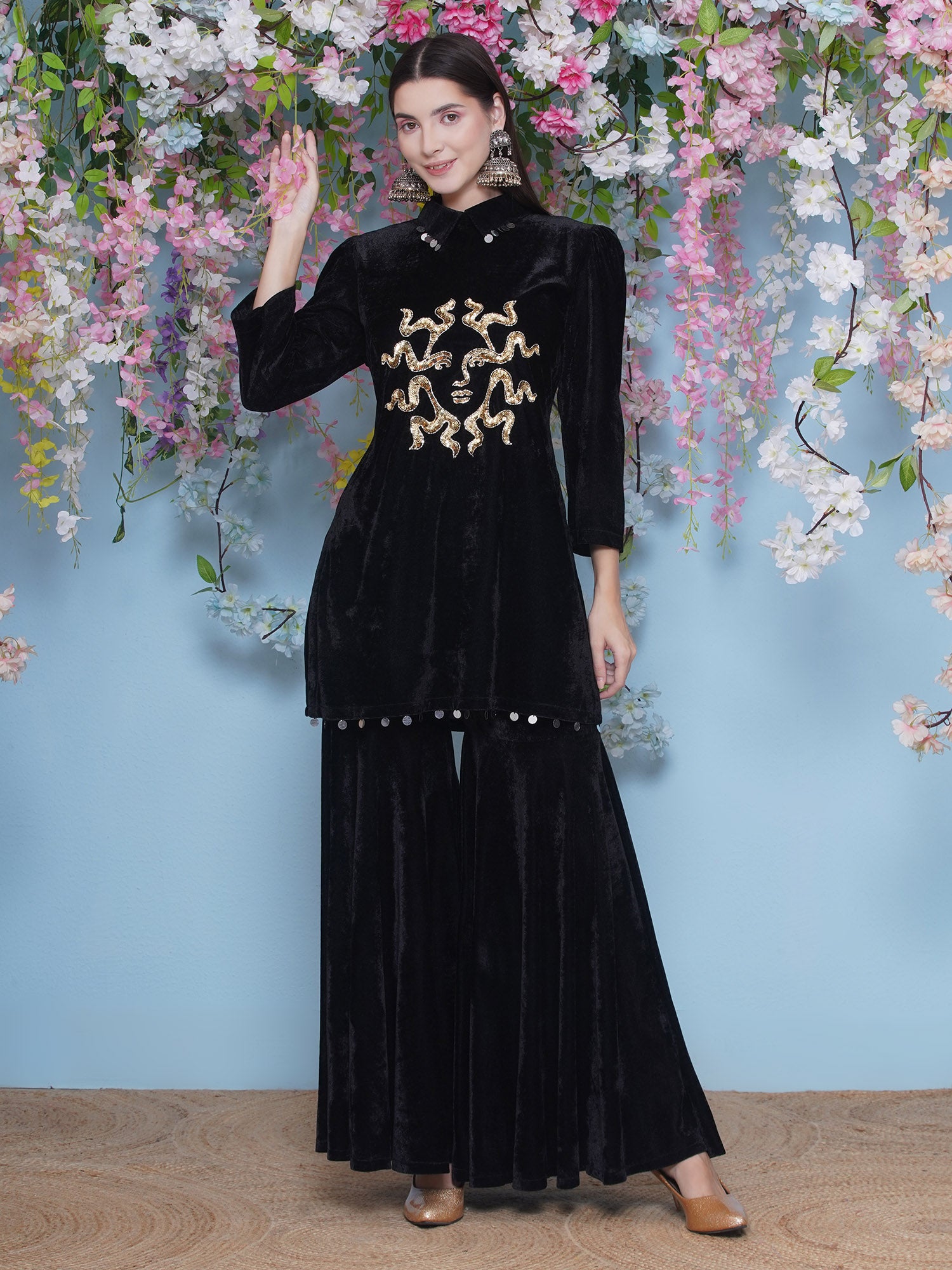 Women Black Velvet Sharara Set