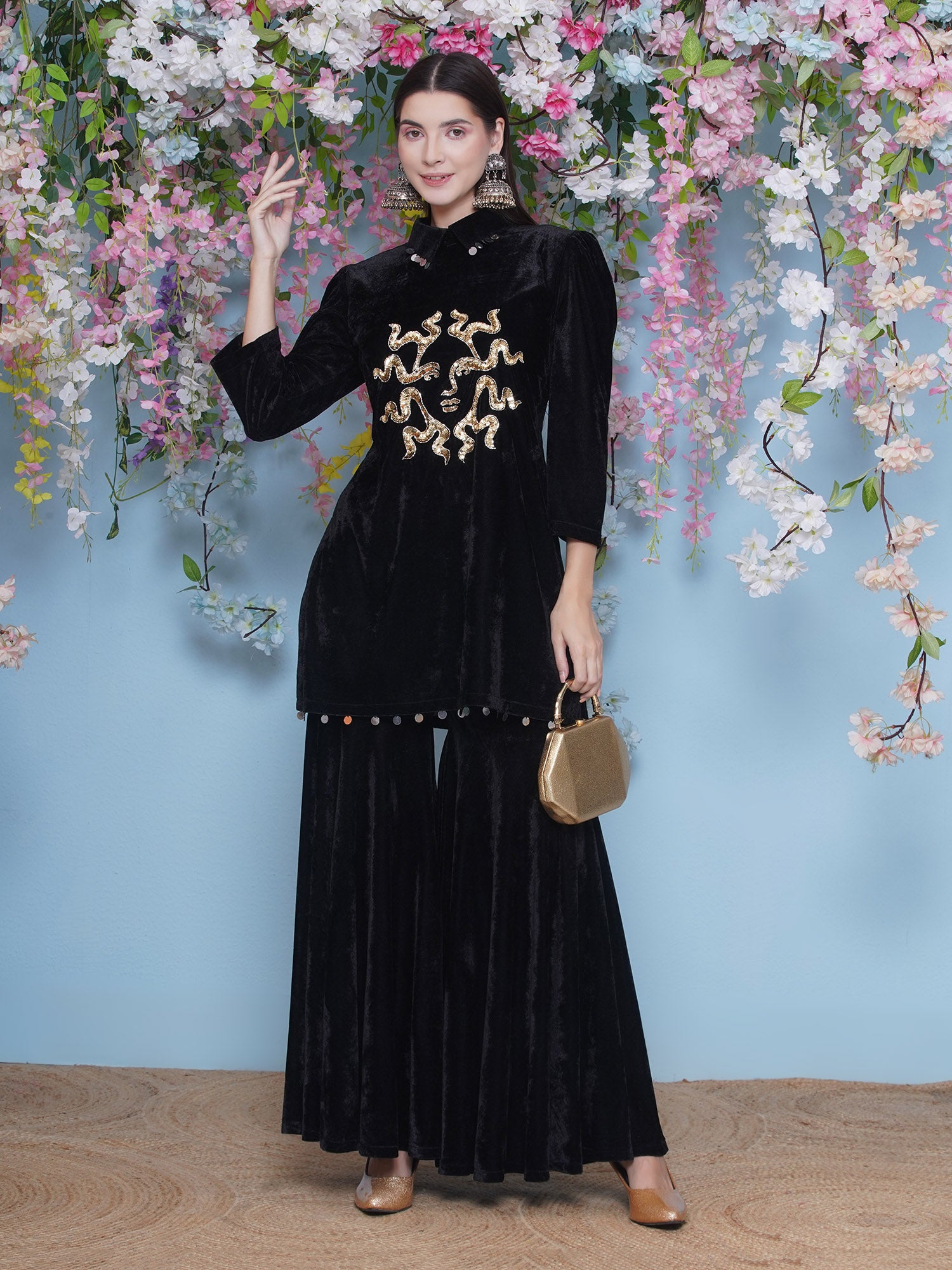 Women Black Velvet Sharara Set