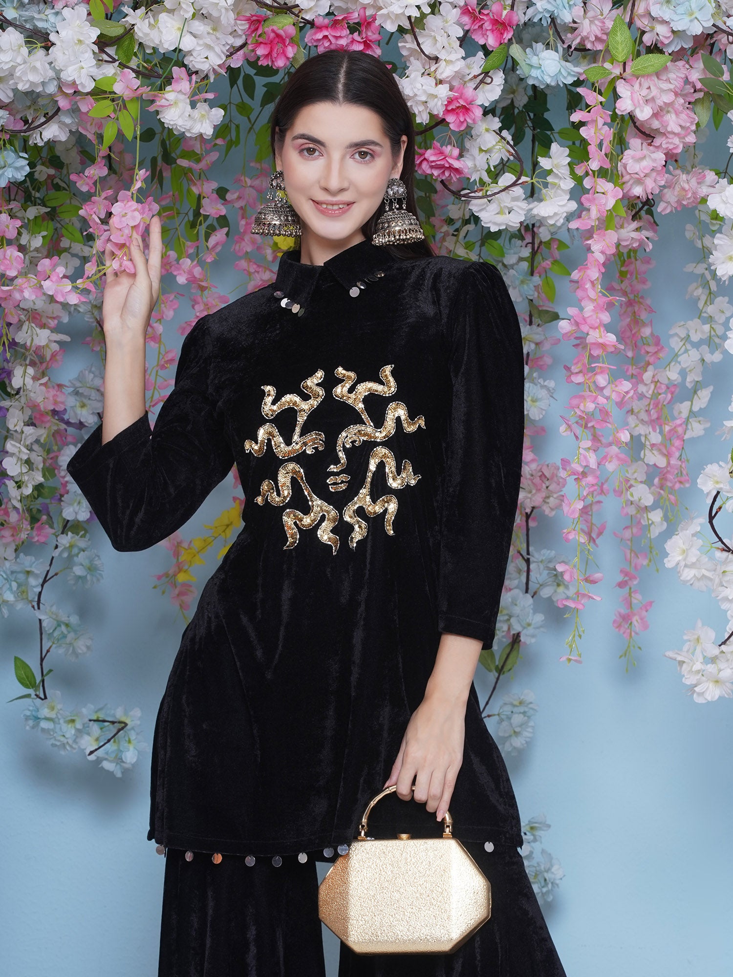 Women Black Velvet Sharara Set