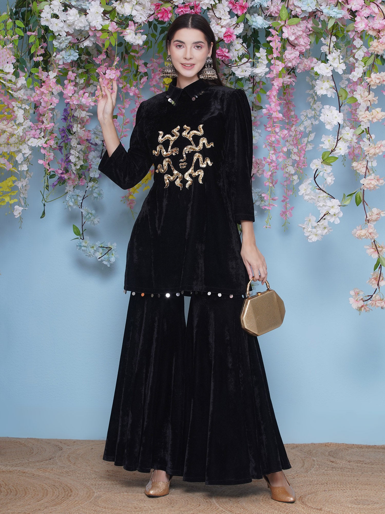 Women Black Velvet Sharara Set