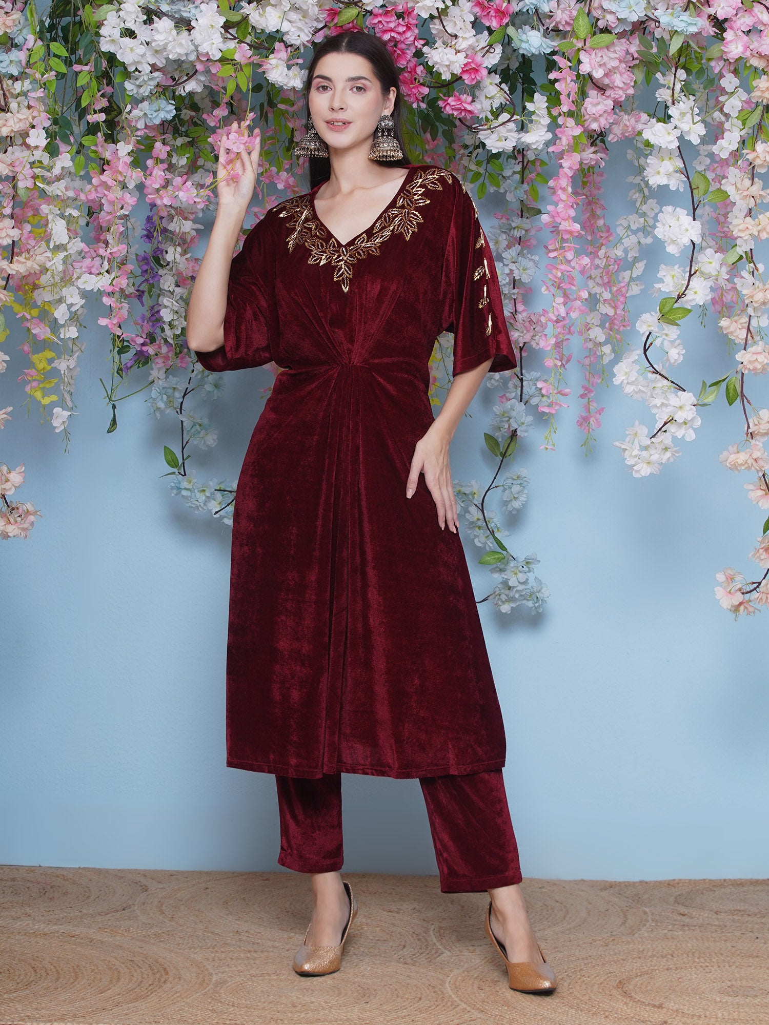 Women Maroon Hand Embellished Cord Set