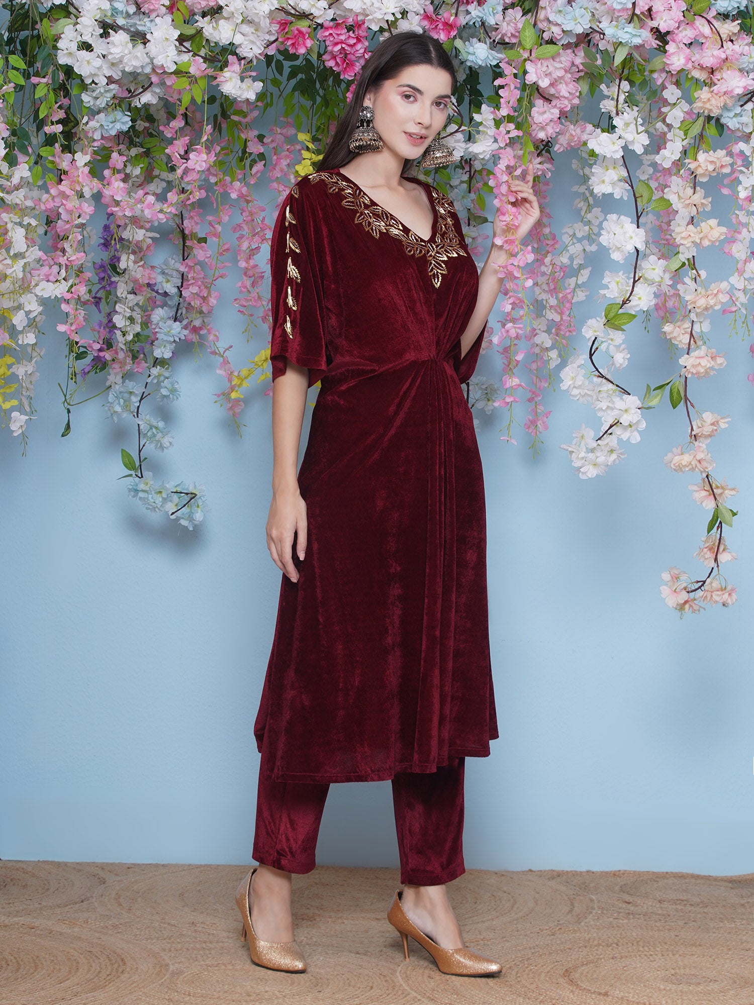 Women Maroon Hand Embellished Cord Set
