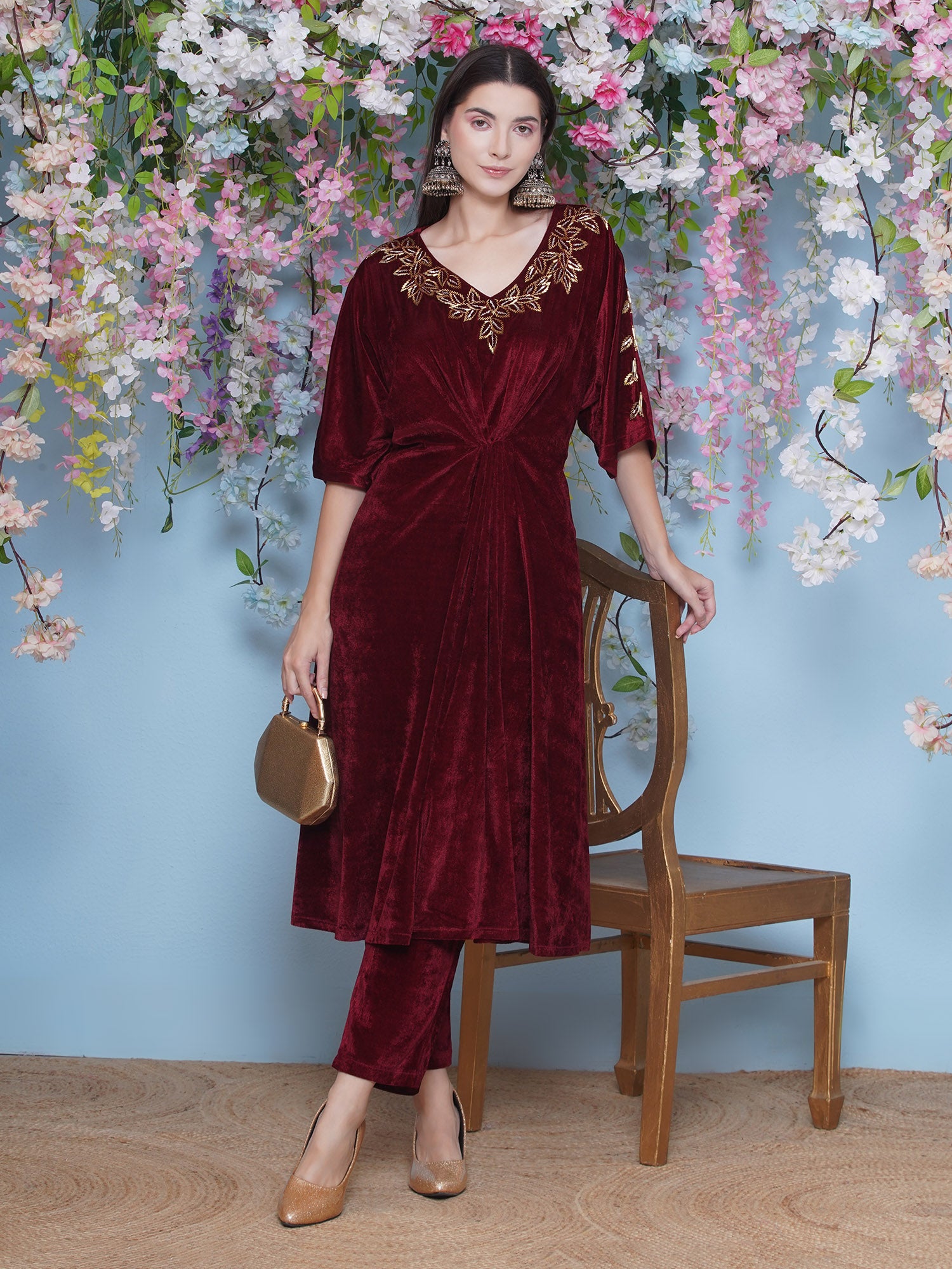 Women Maroon Hand Embellished Cord Set