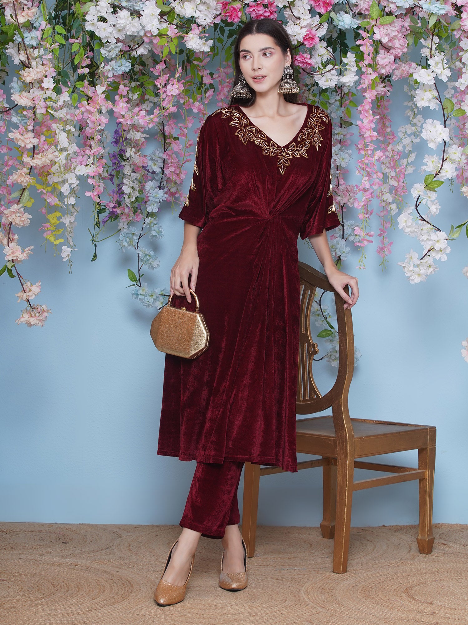 Women Maroon Hand Embellished Cord Set