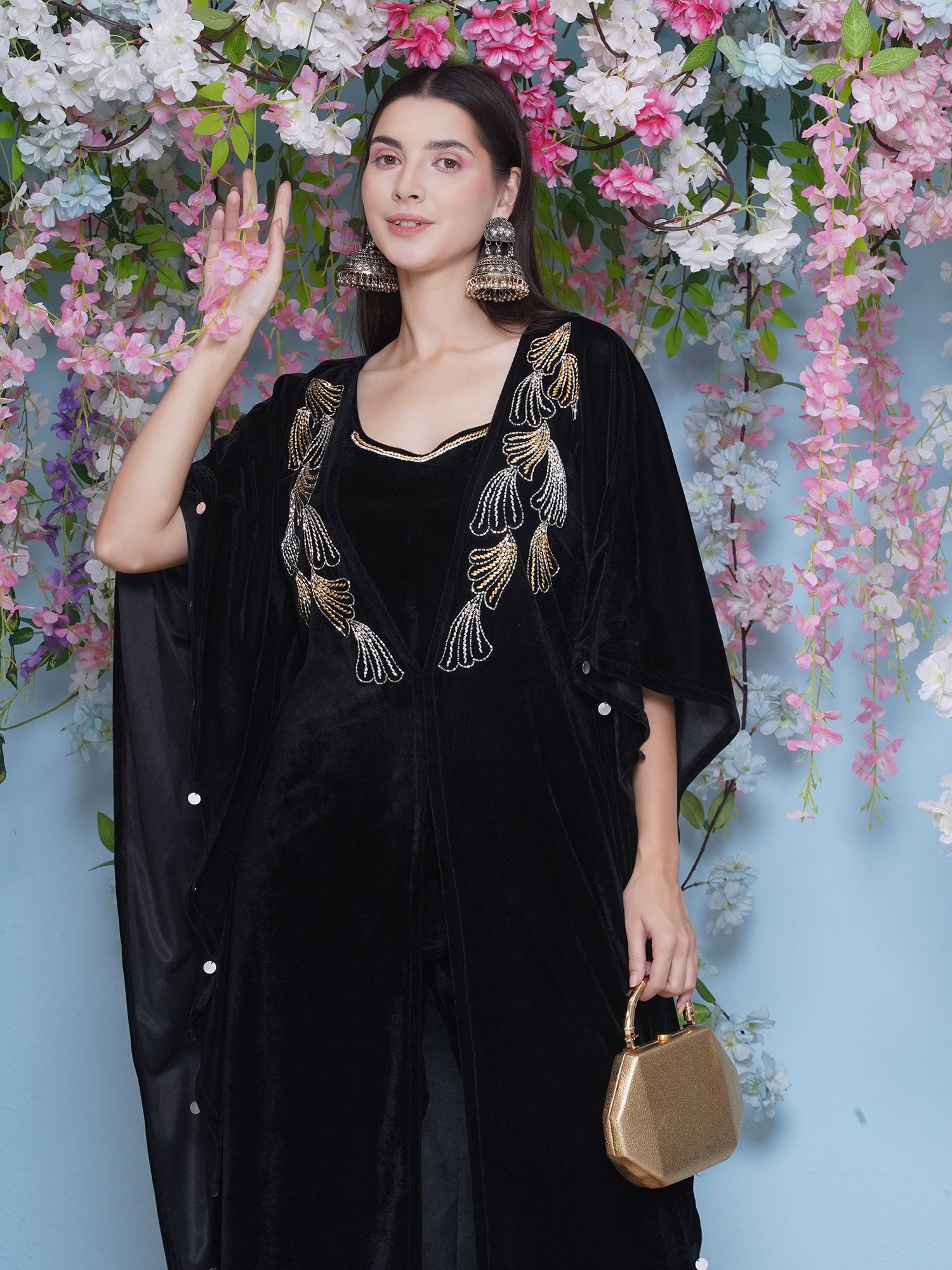 Women Black Hand Embellished Kaftaan with ineer and Pant
