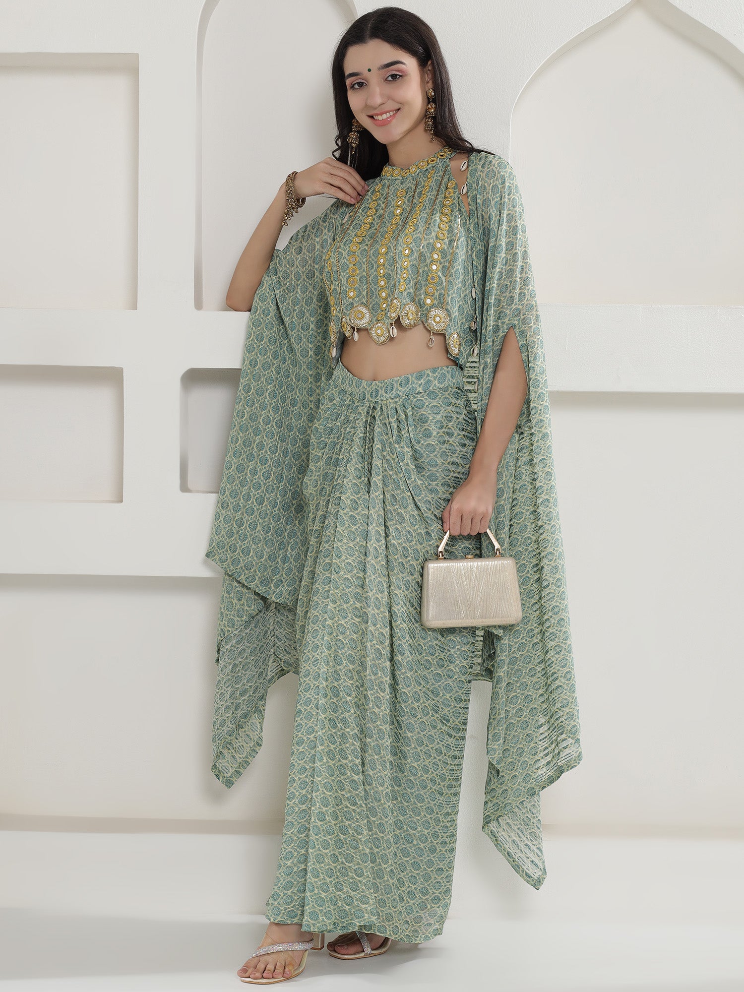 Green Georgette Cape inner and Shirt set