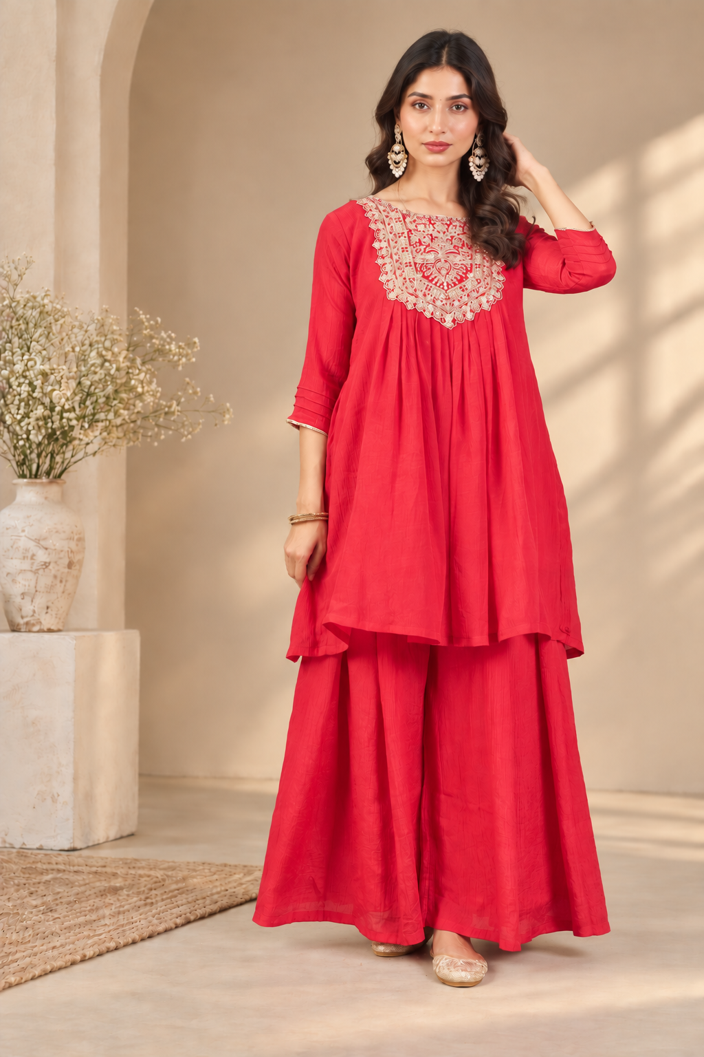 Women Red Silk Embroidery Kurta set