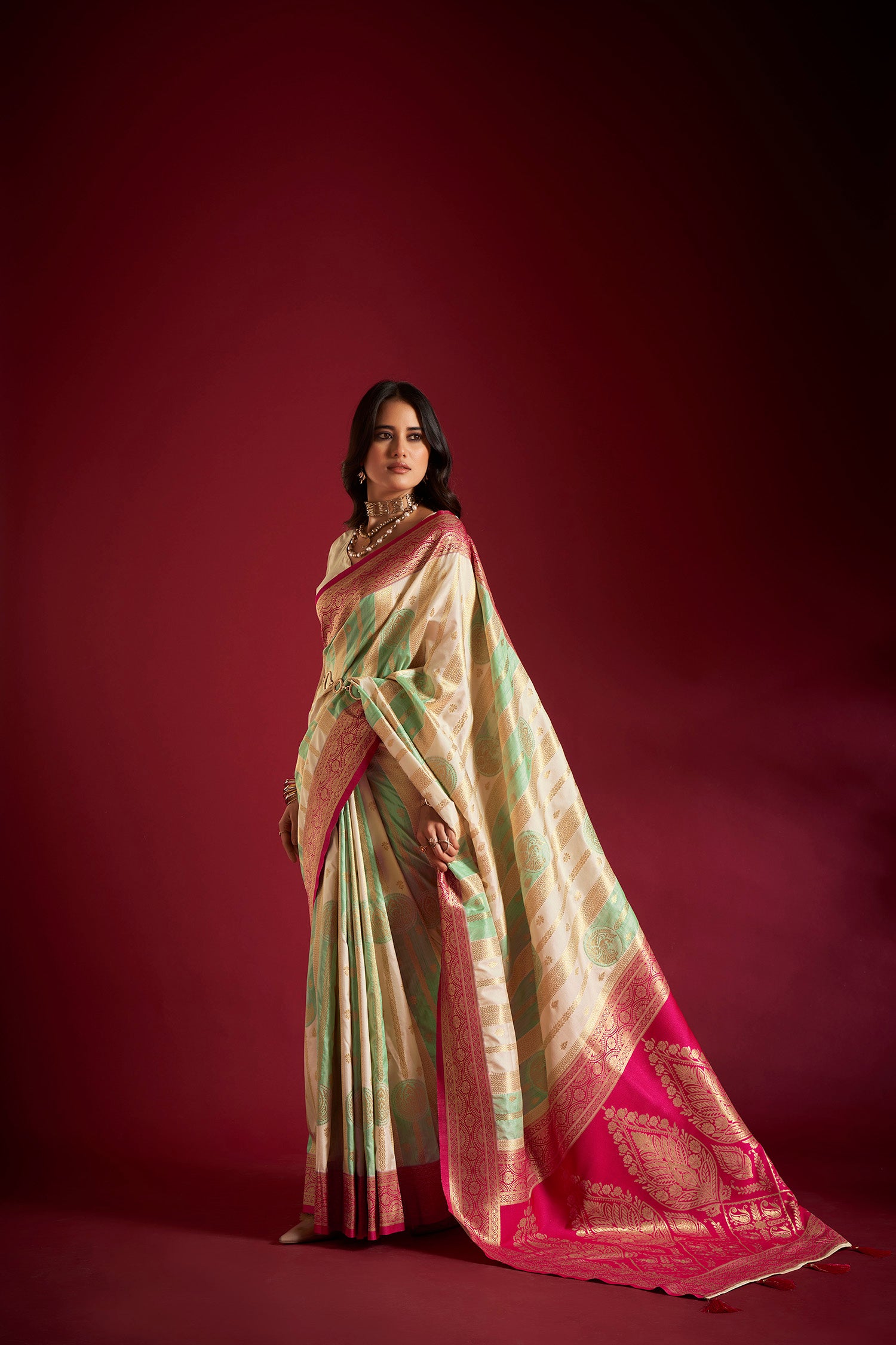 Cream and Green Banarasi Silk Saree with Unstitched Blouse