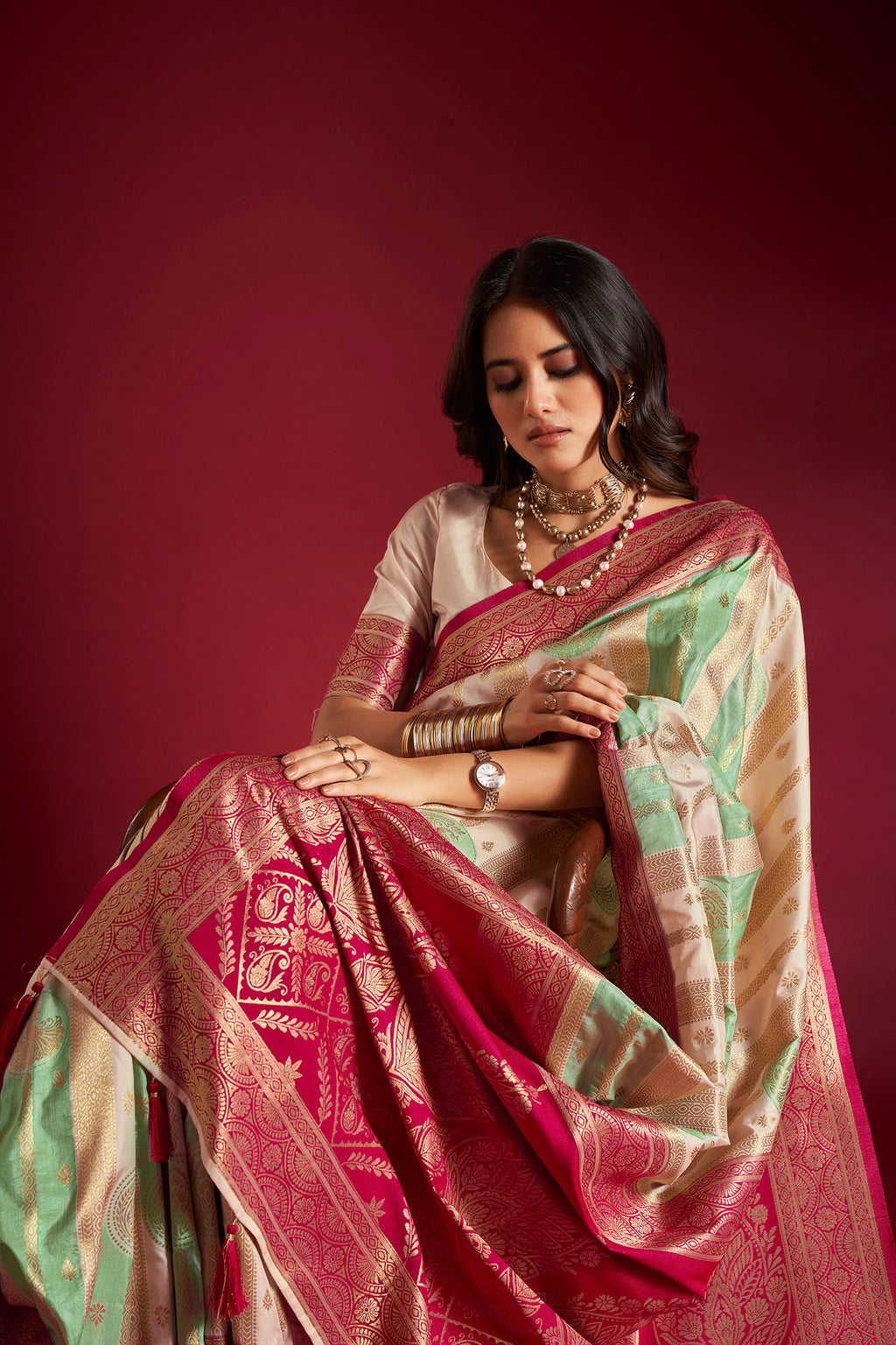 Cream and Green Banarasi Silk Saree with Unstitched Blouse