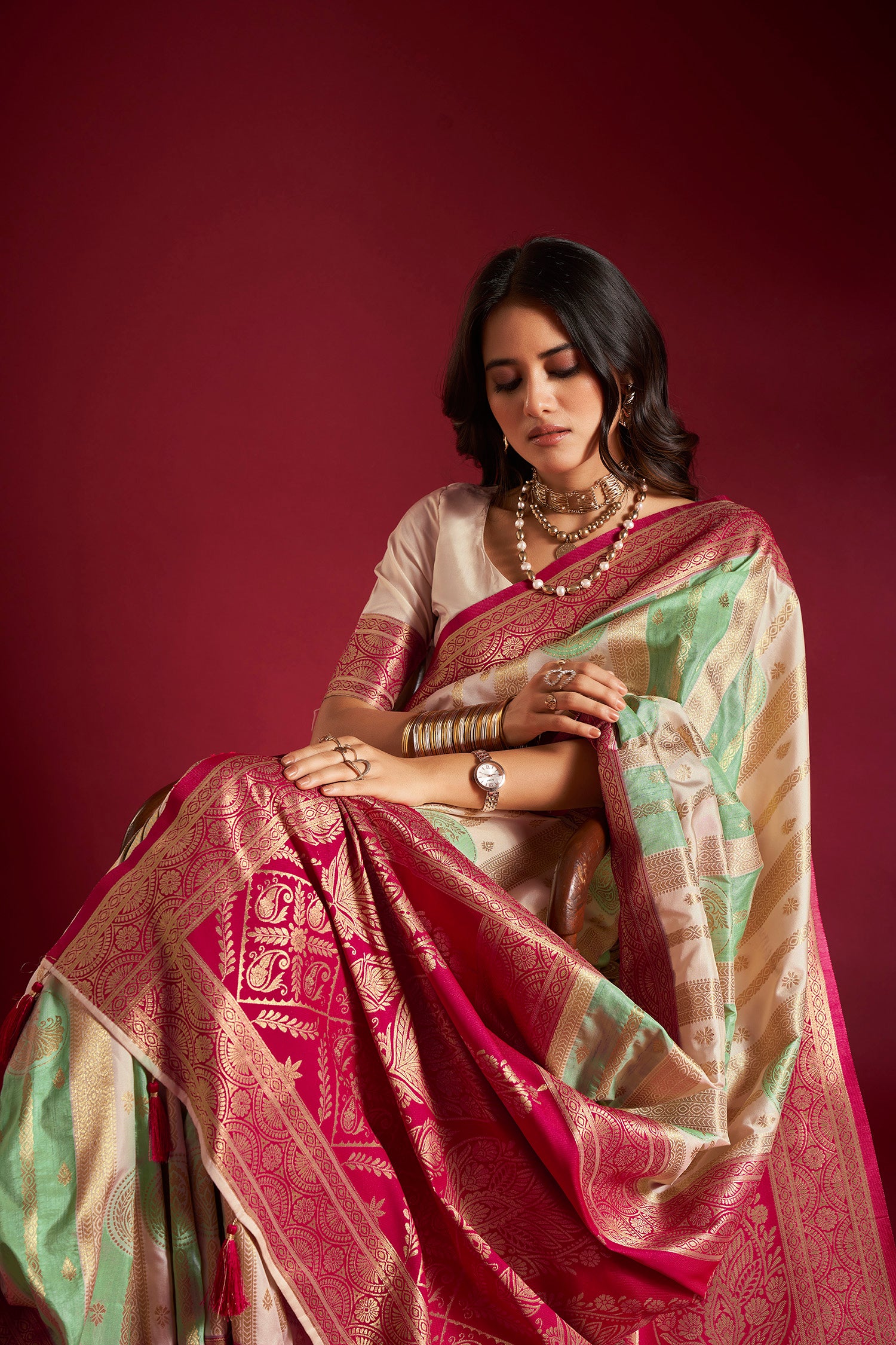 Cream and Green Banarasi Silk Saree with Unstitched Blouse