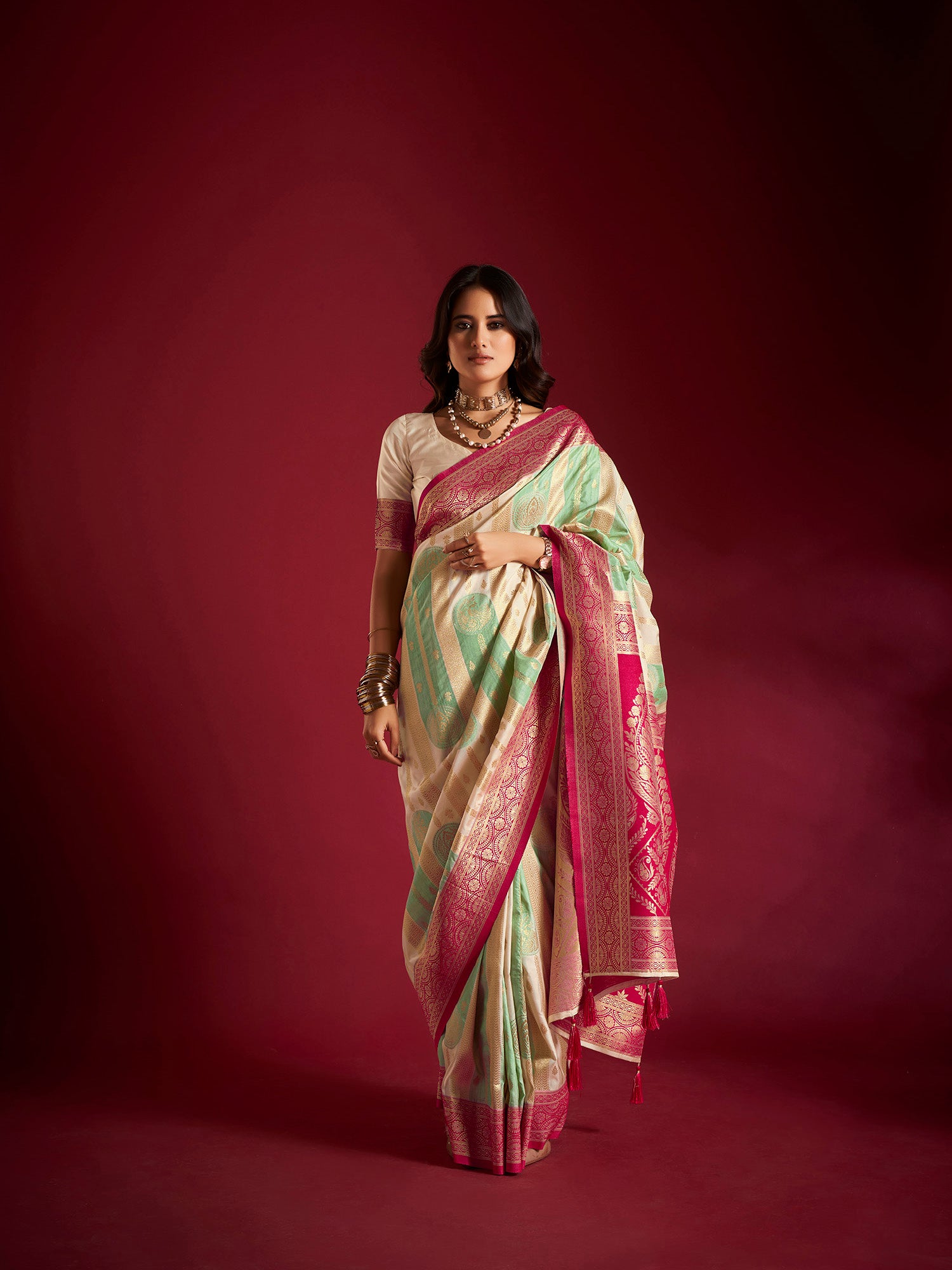 Cream and Green Banarasi Silk Saree with Unstitched Blouse