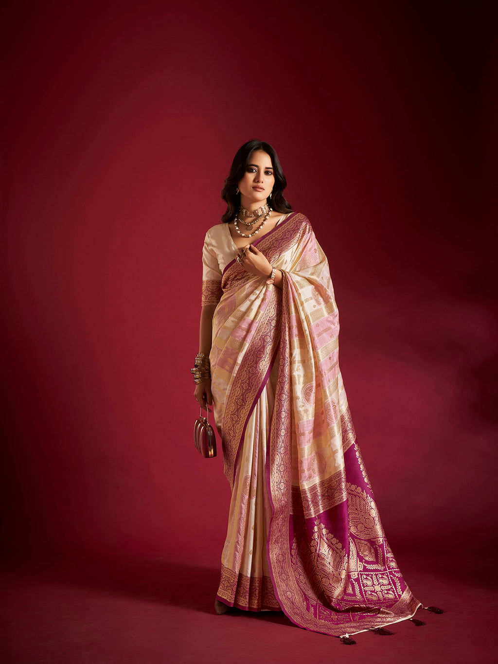 Cream and Pink Banarasi Silk Saree with Unstitched Blouse