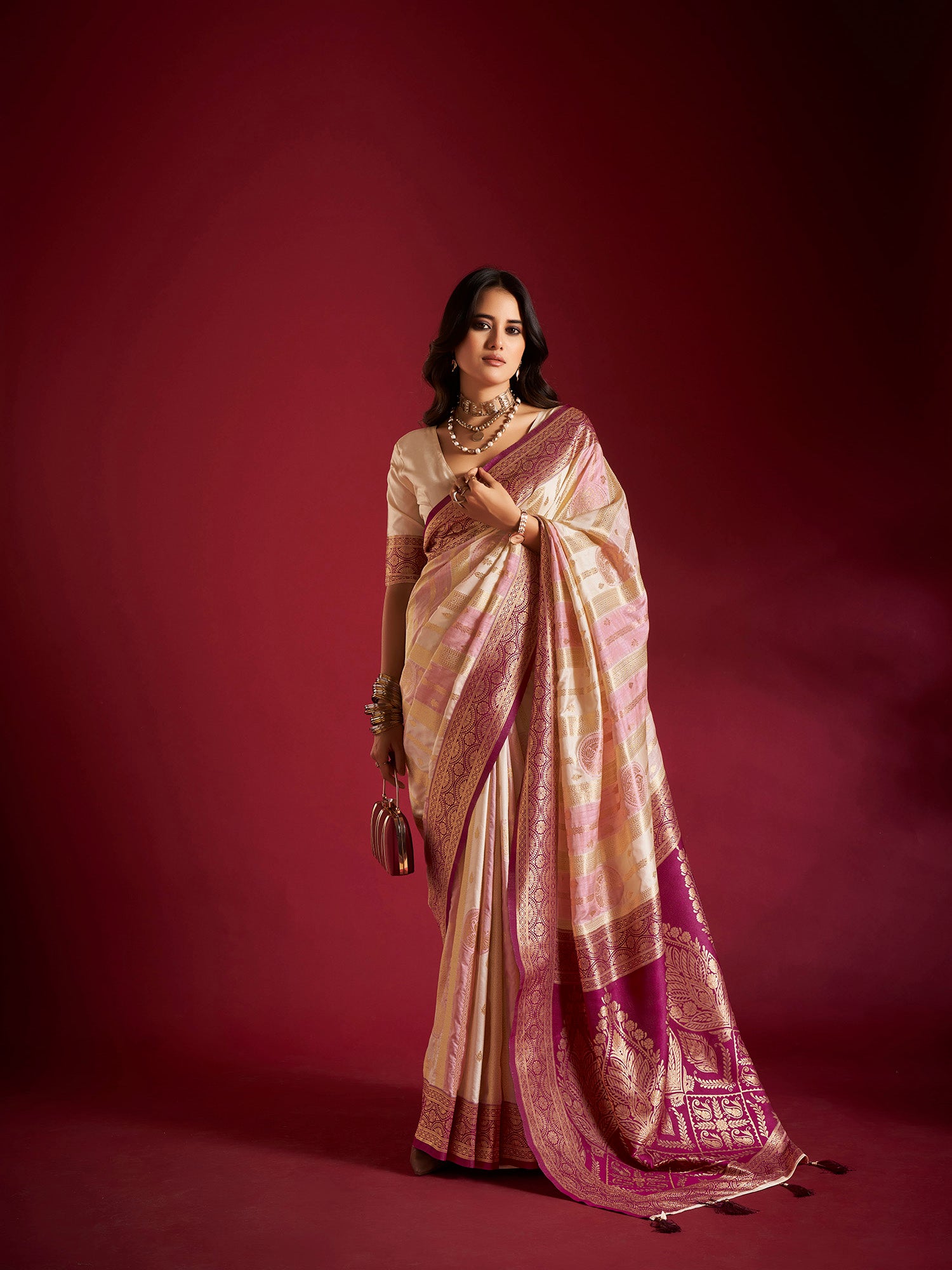 Cream and Pink Banarasi Silk Saree with Unstitched Blouse