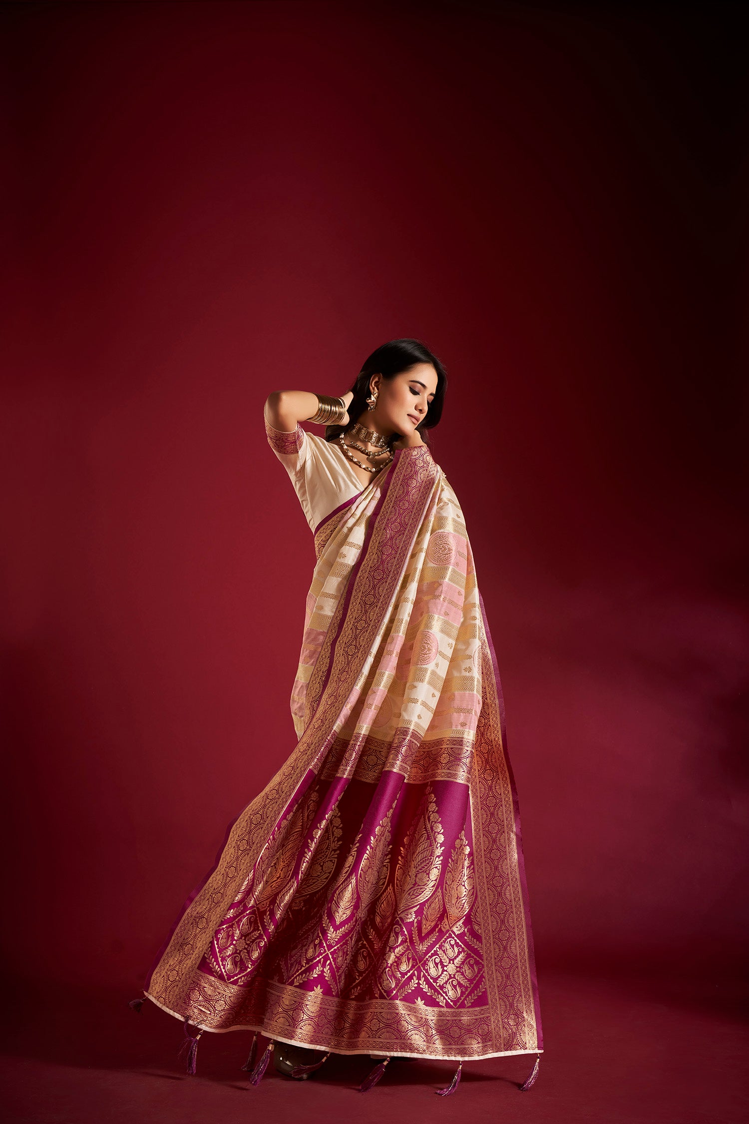 Cream and Pink Banarasi Silk Saree with Unstitched Blouse