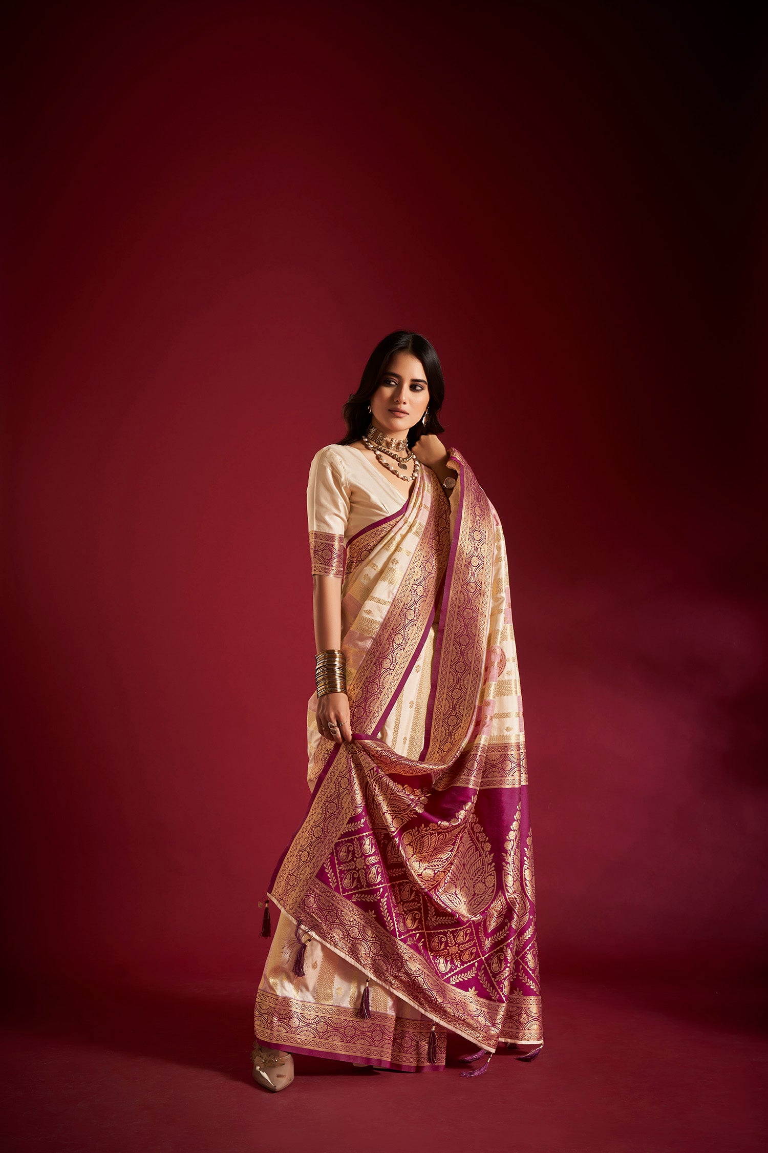 Cream and Pink Banarasi Silk Saree with Unstitched Blouse