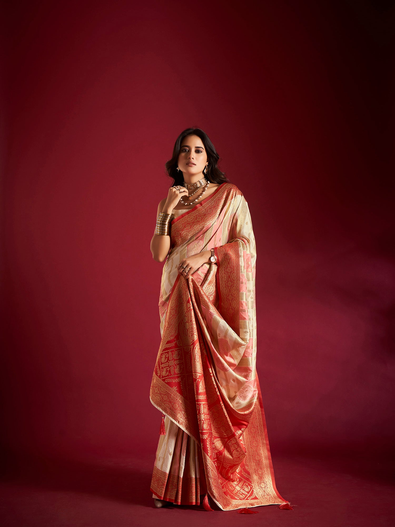 Multicolor Banarasi Silk Saree with Unstitched Blouse
