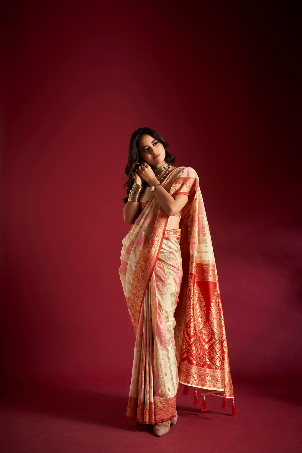 Multicolor Banarasi Silk Saree with Unstitched Blouse
