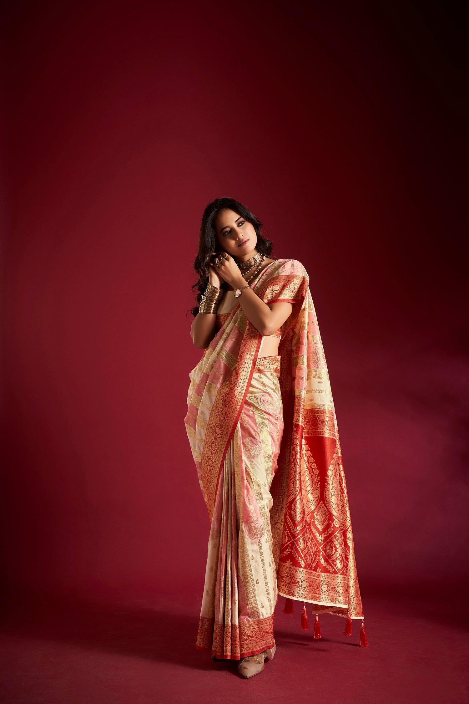 Multicolor Banarasi Silk Saree with Unstitched Blouse
