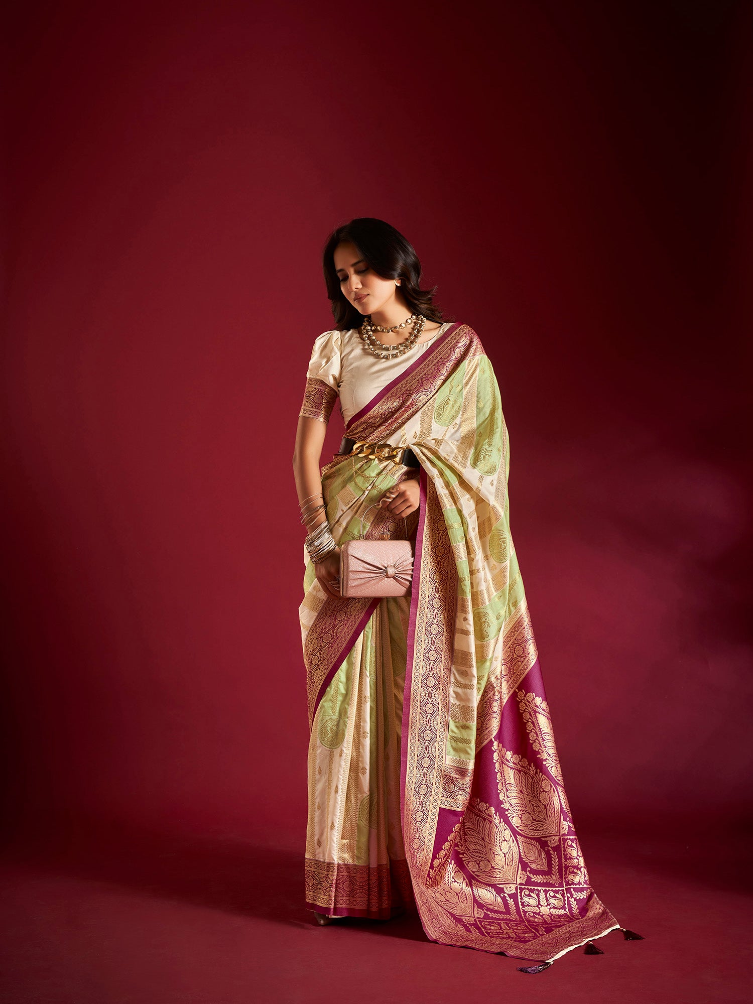 Cream and Green Banarasi Silk Saree with Unstitched Blouse