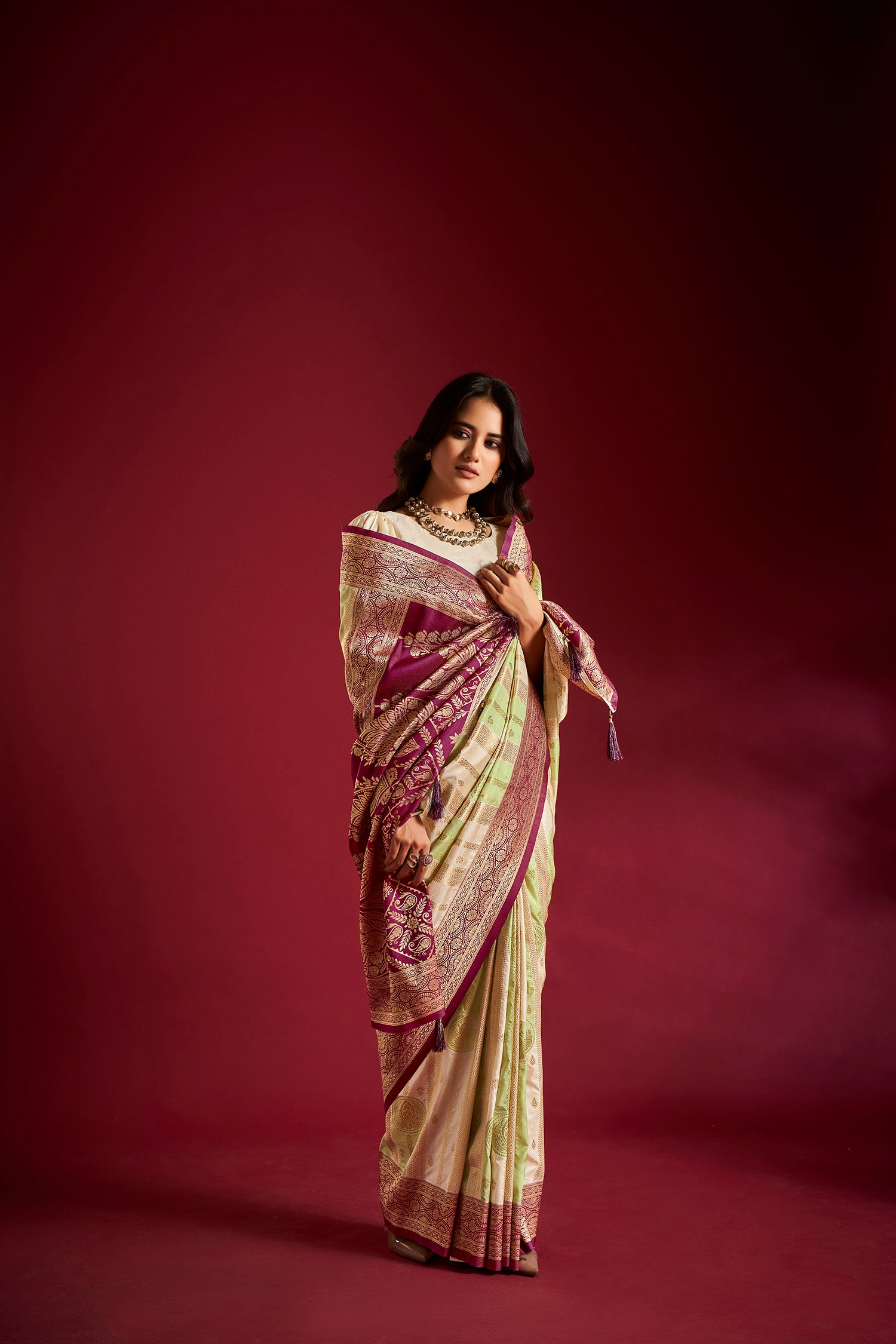 Cream and Green Banarasi Silk Saree with Unstitched Blouse