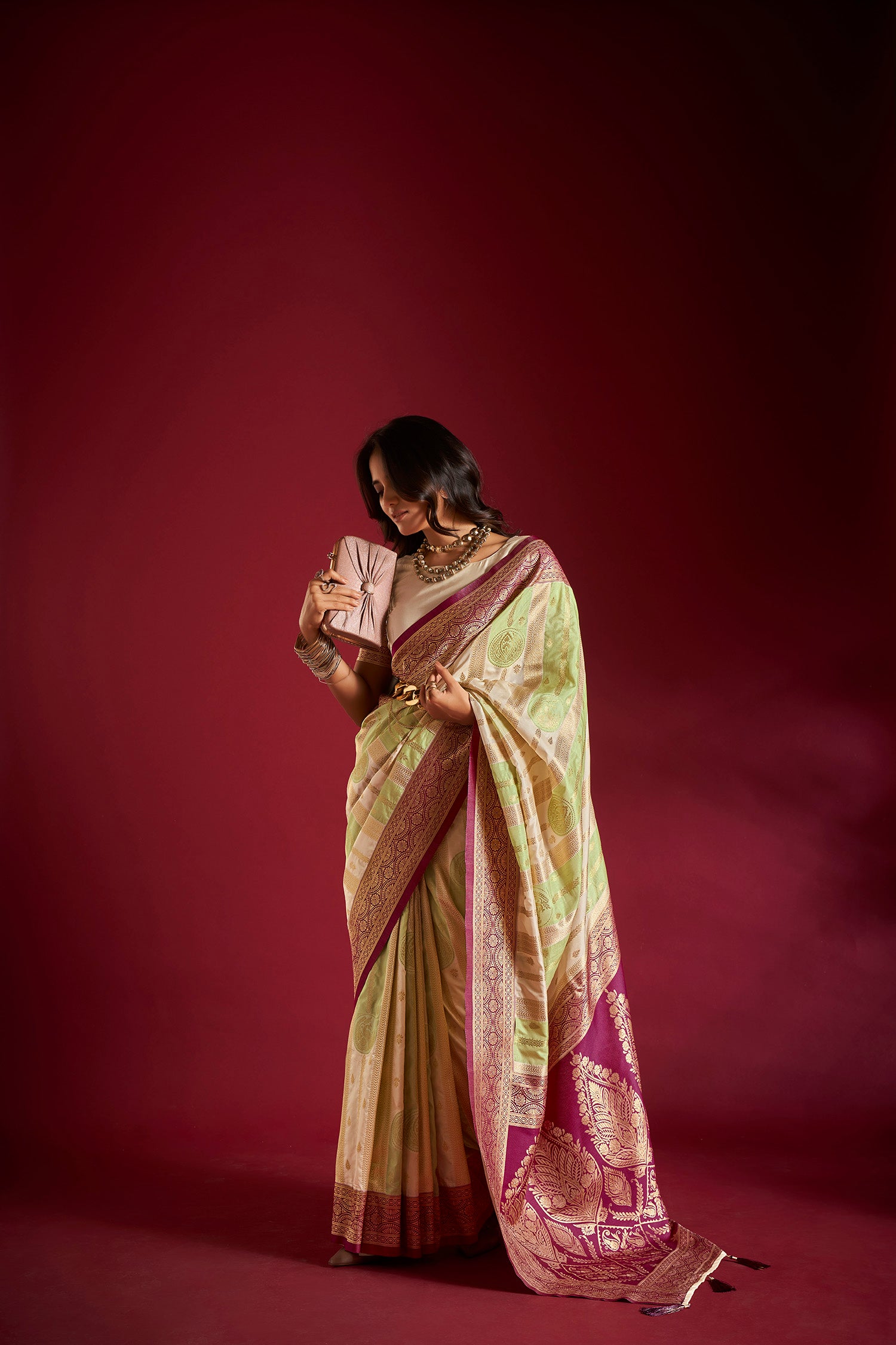 Cream and Green Banarasi Silk Saree with Unstitched Blouse