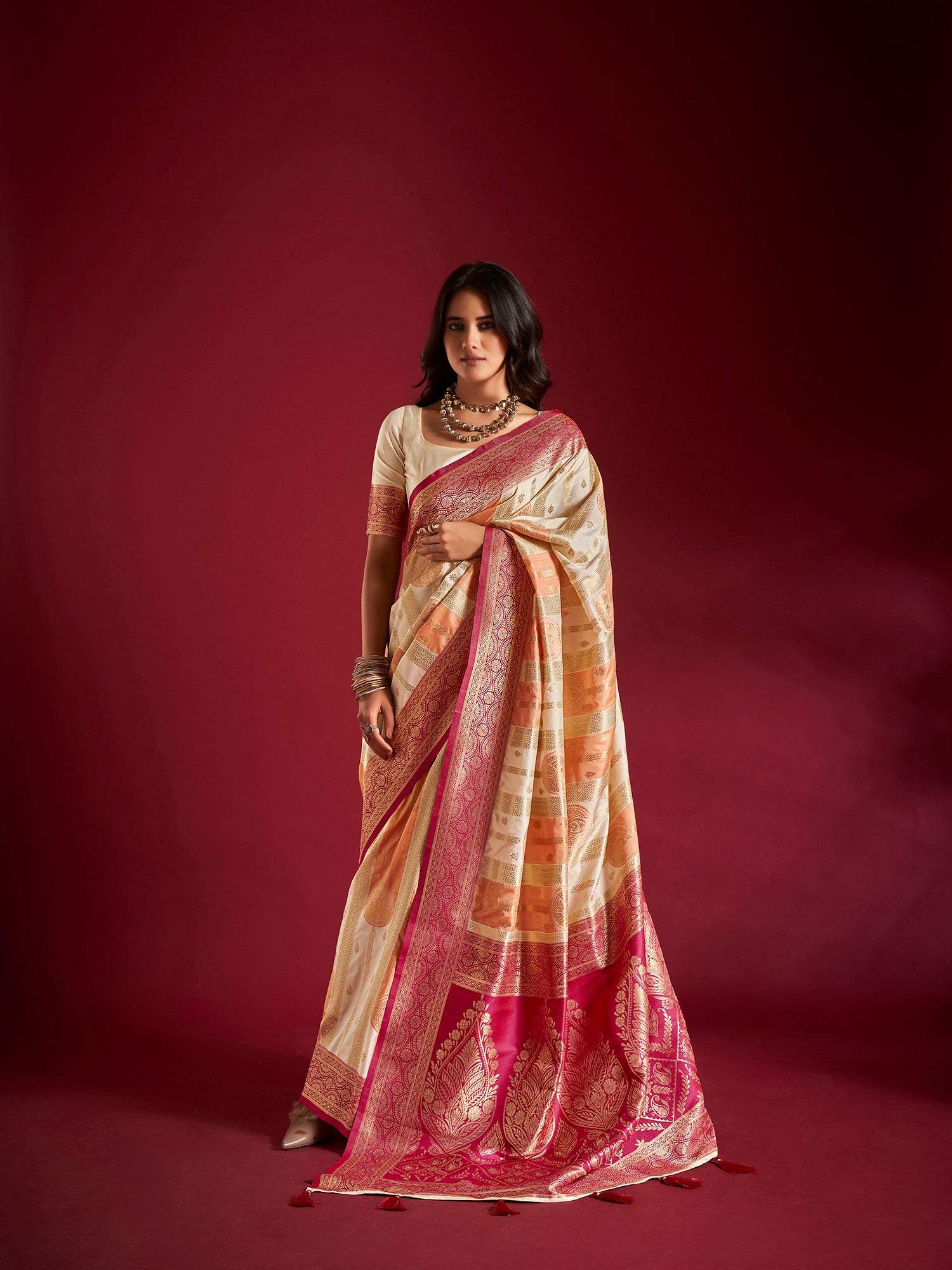Cream and Orange Banarasi Silk Saree with Unstitched Blouse