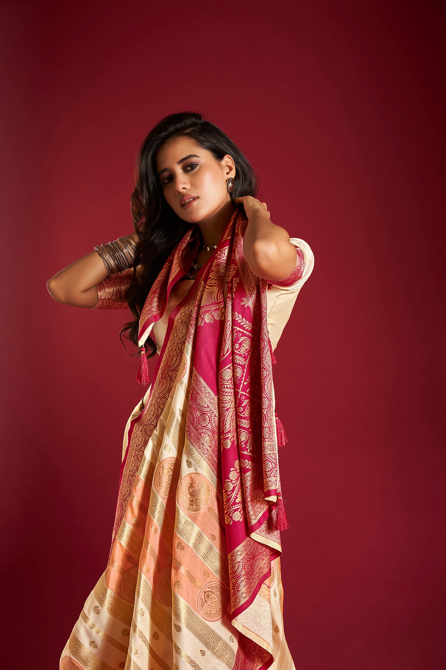 Cream and Orange Banarasi Silk Saree with Unstitched Blouse