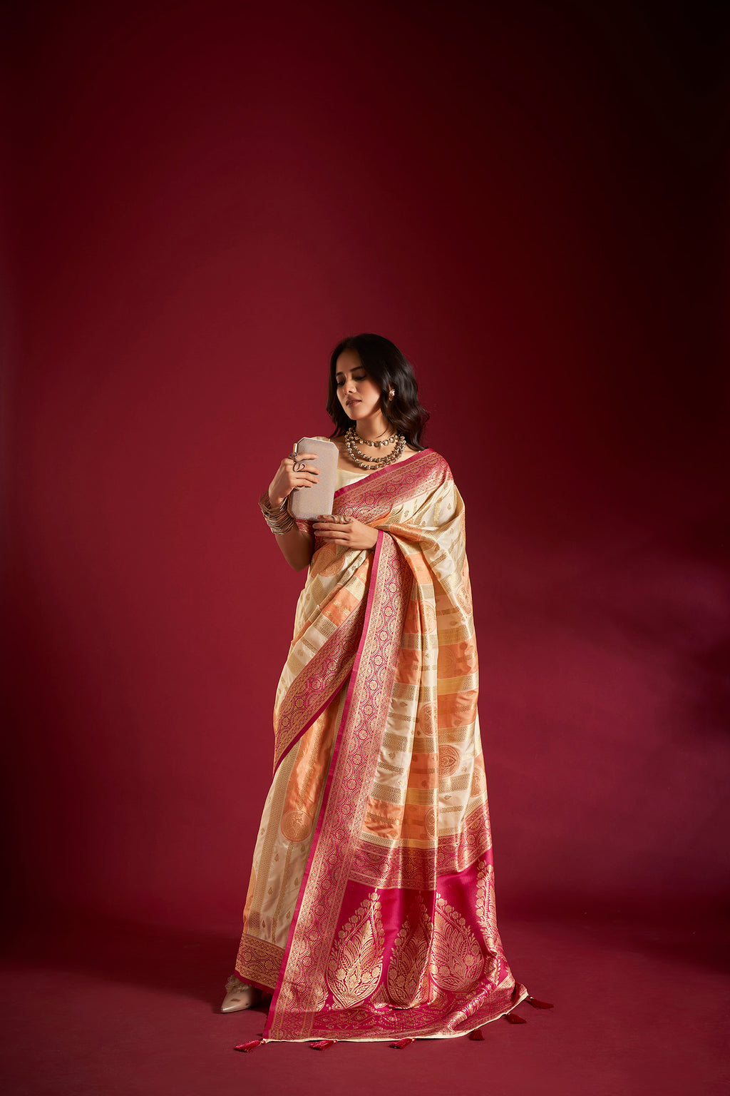 Cream and Orange Banarasi Silk Saree with Unstitched Blouse