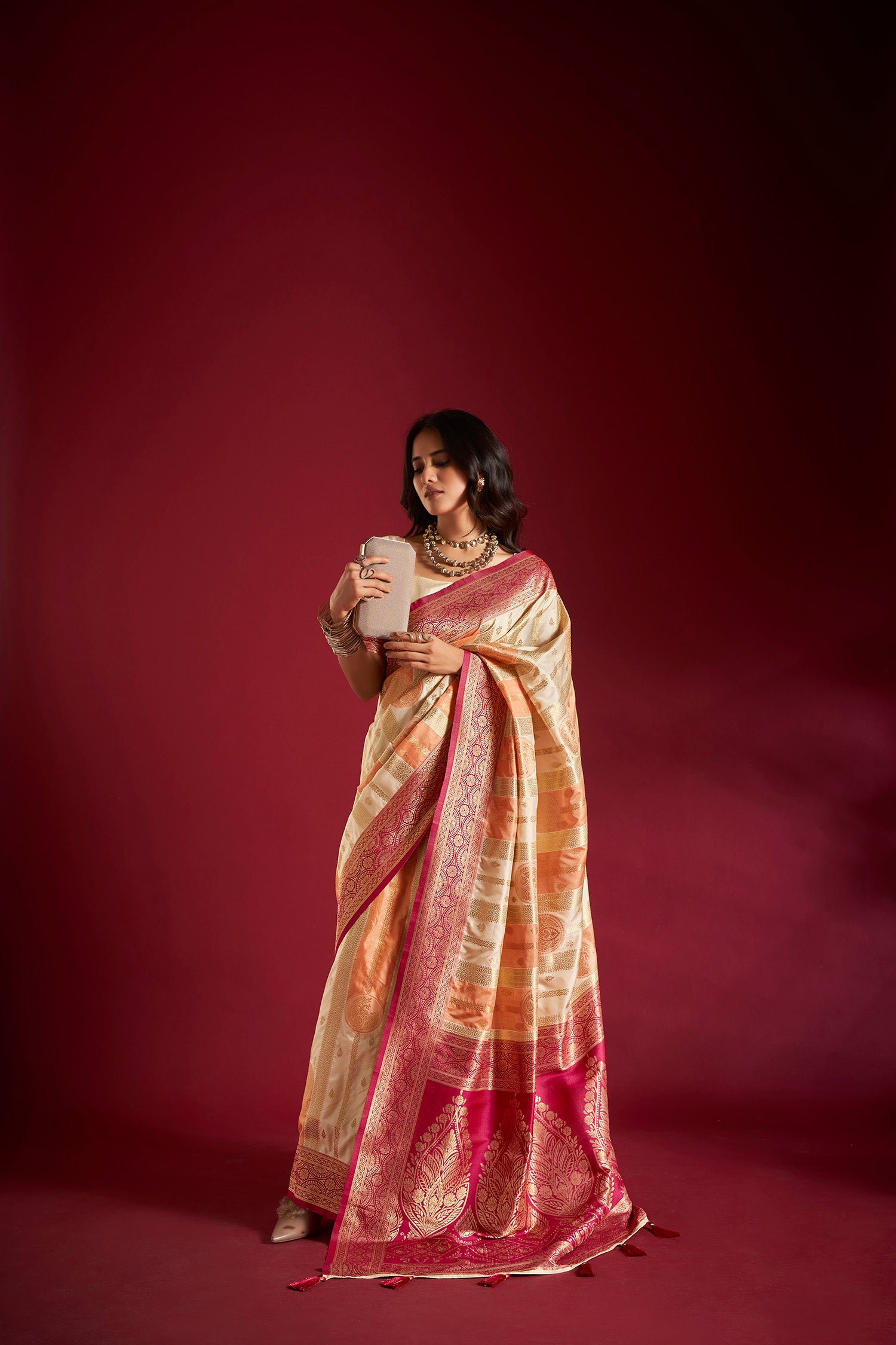 Cream and Orange Banarasi Silk Saree with Unstitched Blouse