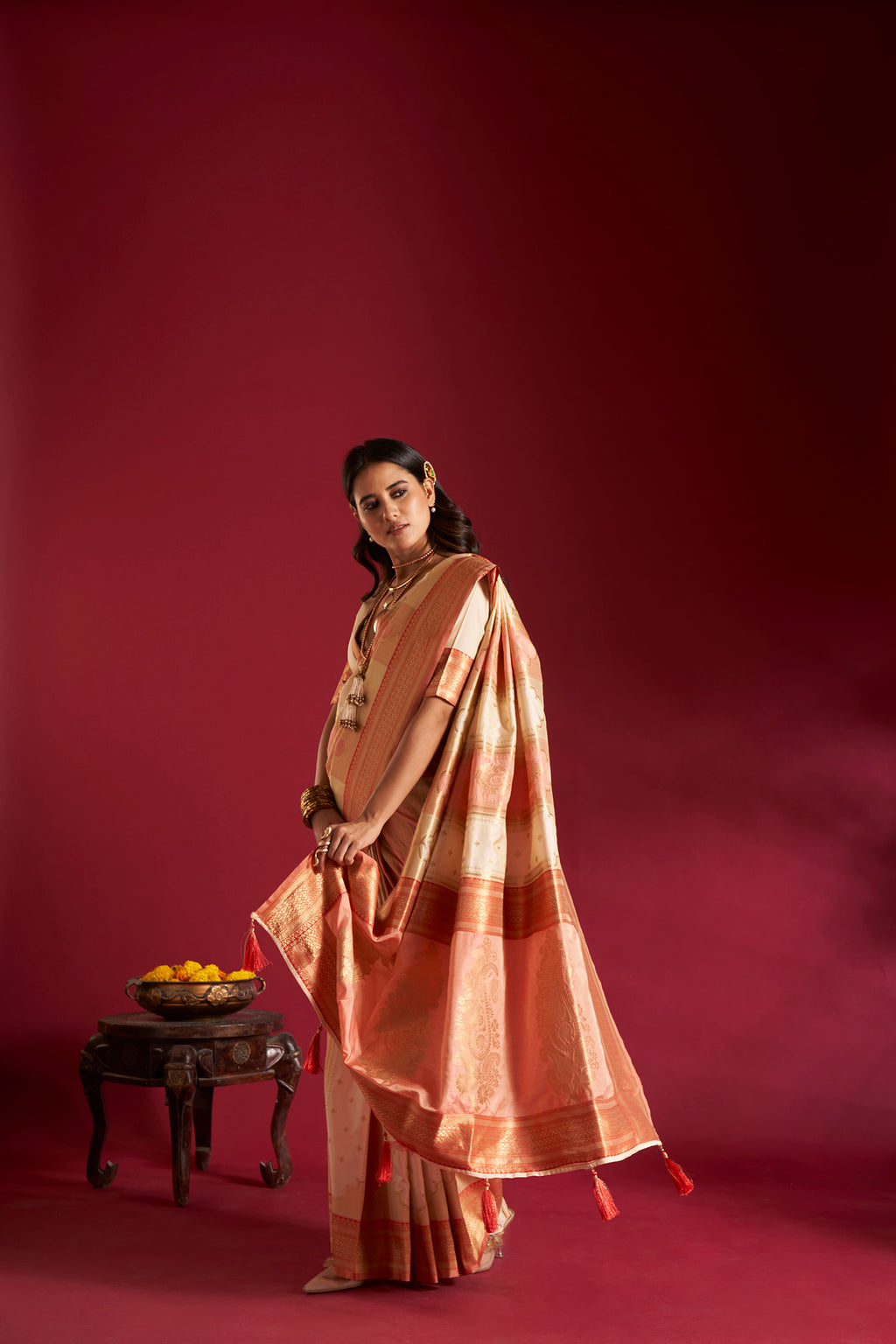 Cream and Pink Banarasi Silk Sarees with Unstitched Blouse