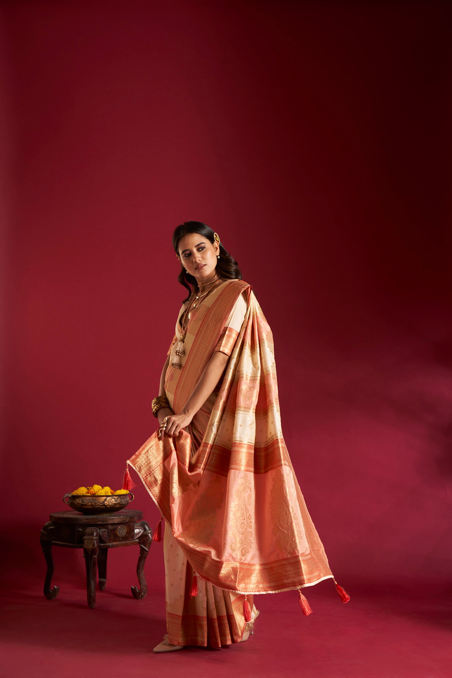 Cream and Pink Banarasi Silk Sarees with Unstitched Blouse