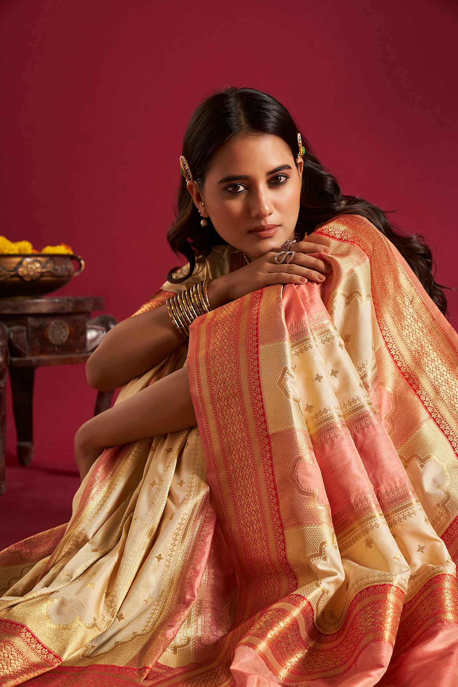 Cream and Pink Banarasi Silk Sarees with Unstitched Blouse