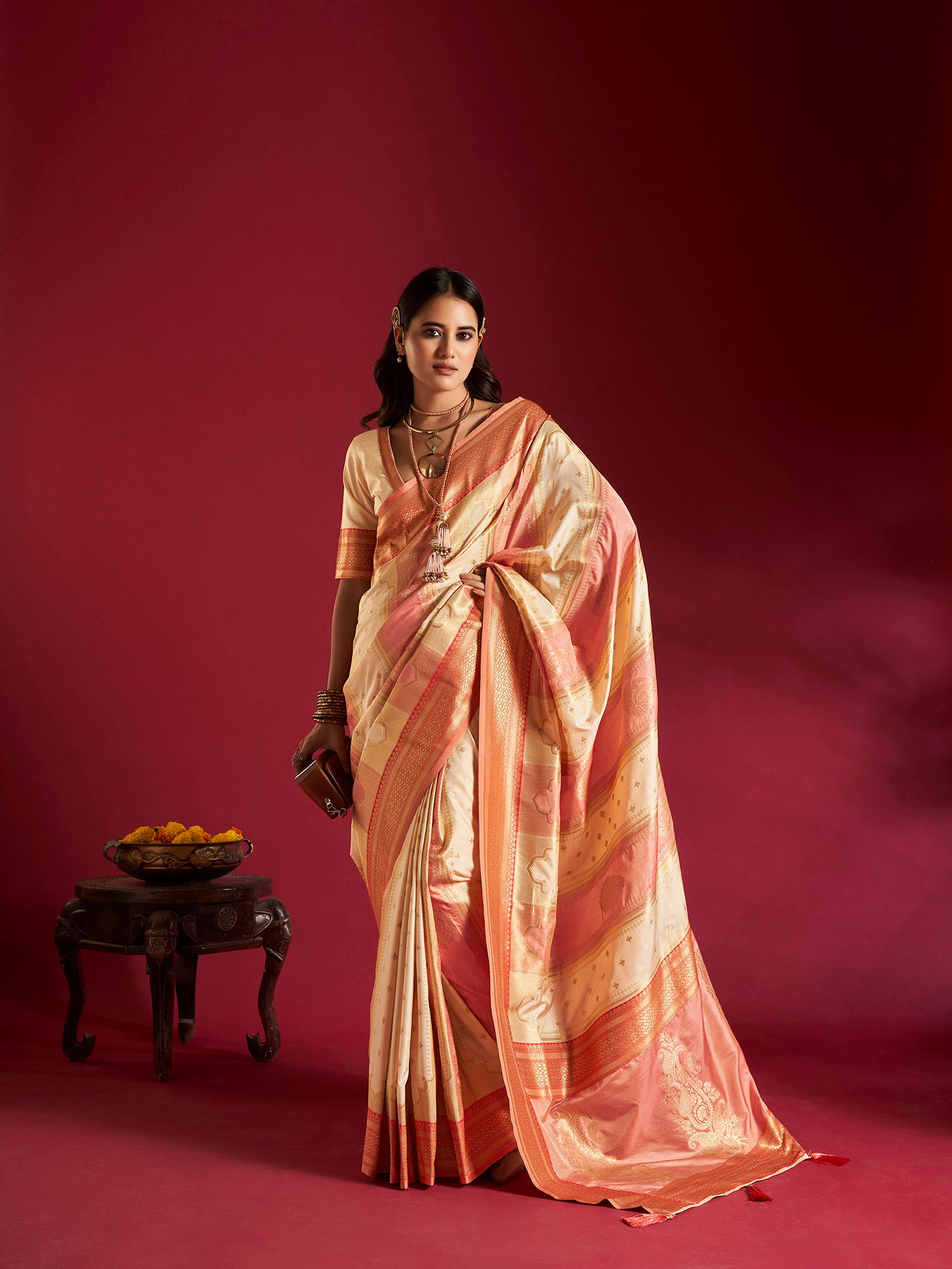 Cream and Pink Banarasi Silk Sarees with Unstitched Blouse
