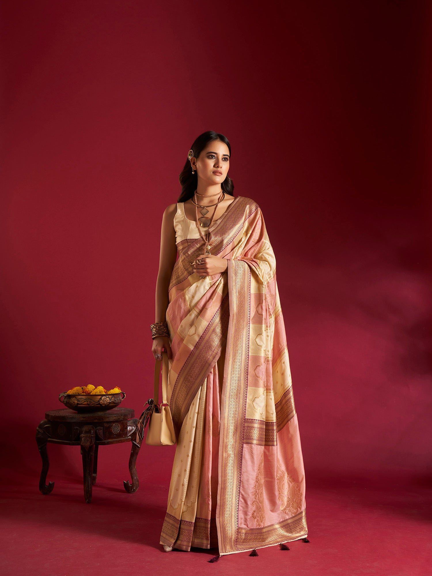 Pink and Cream Banarasi Silk Sarees with Unstitched Blouse