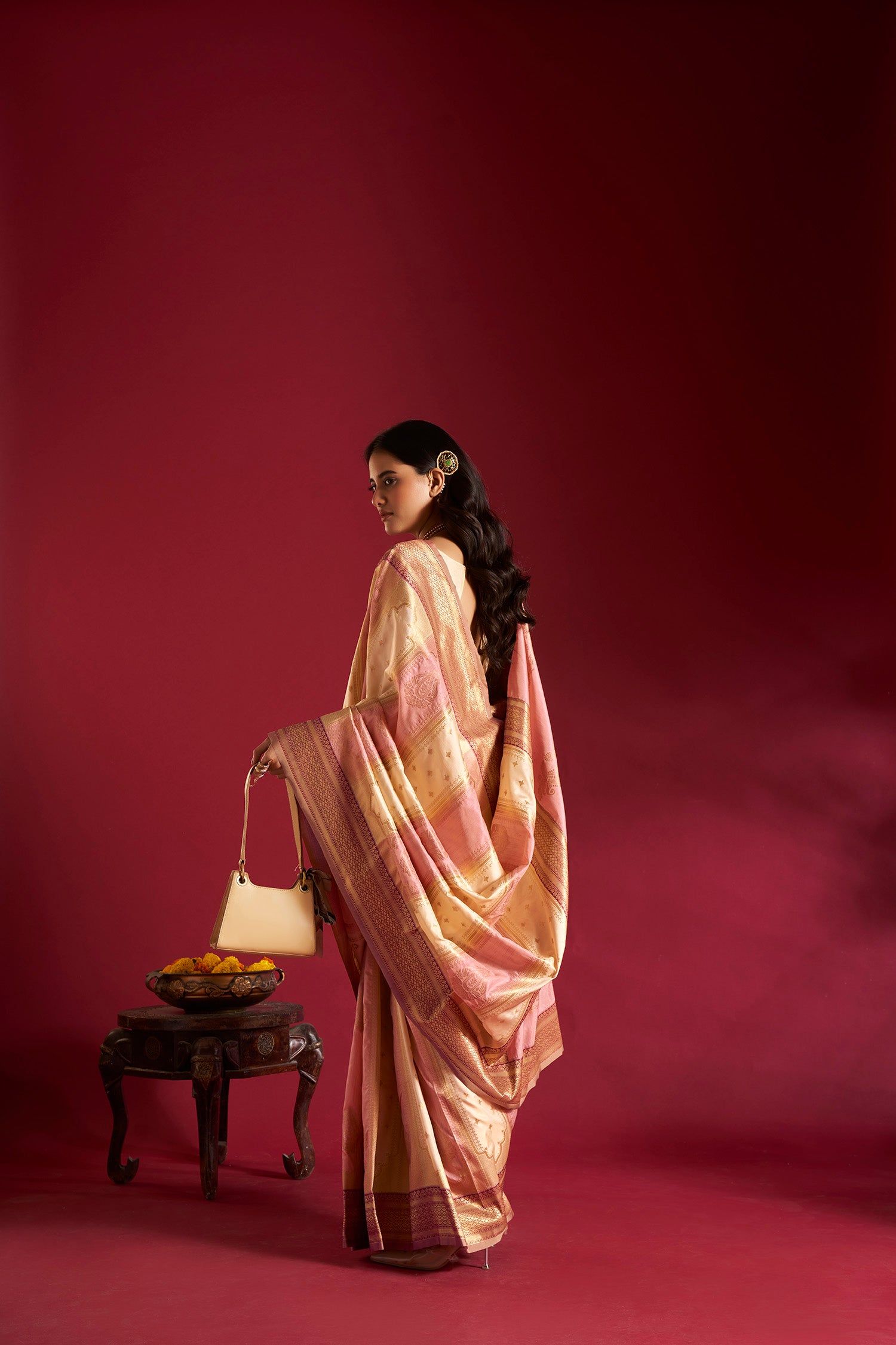 Pink and Cream Banarasi Silk Sarees with Unstitched Blouse