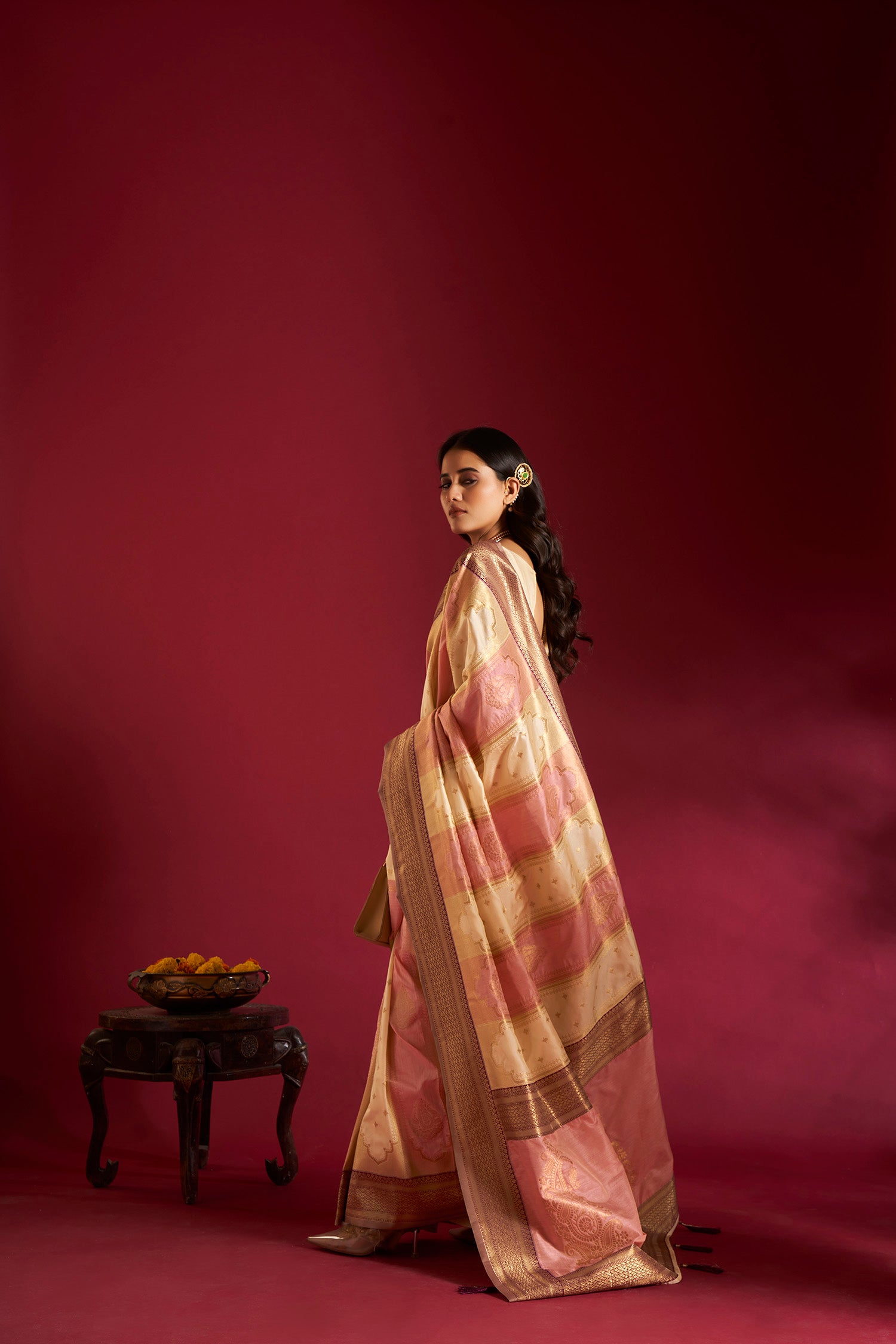 Pink and Cream Banarasi Silk Sarees with Unstitched Blouse