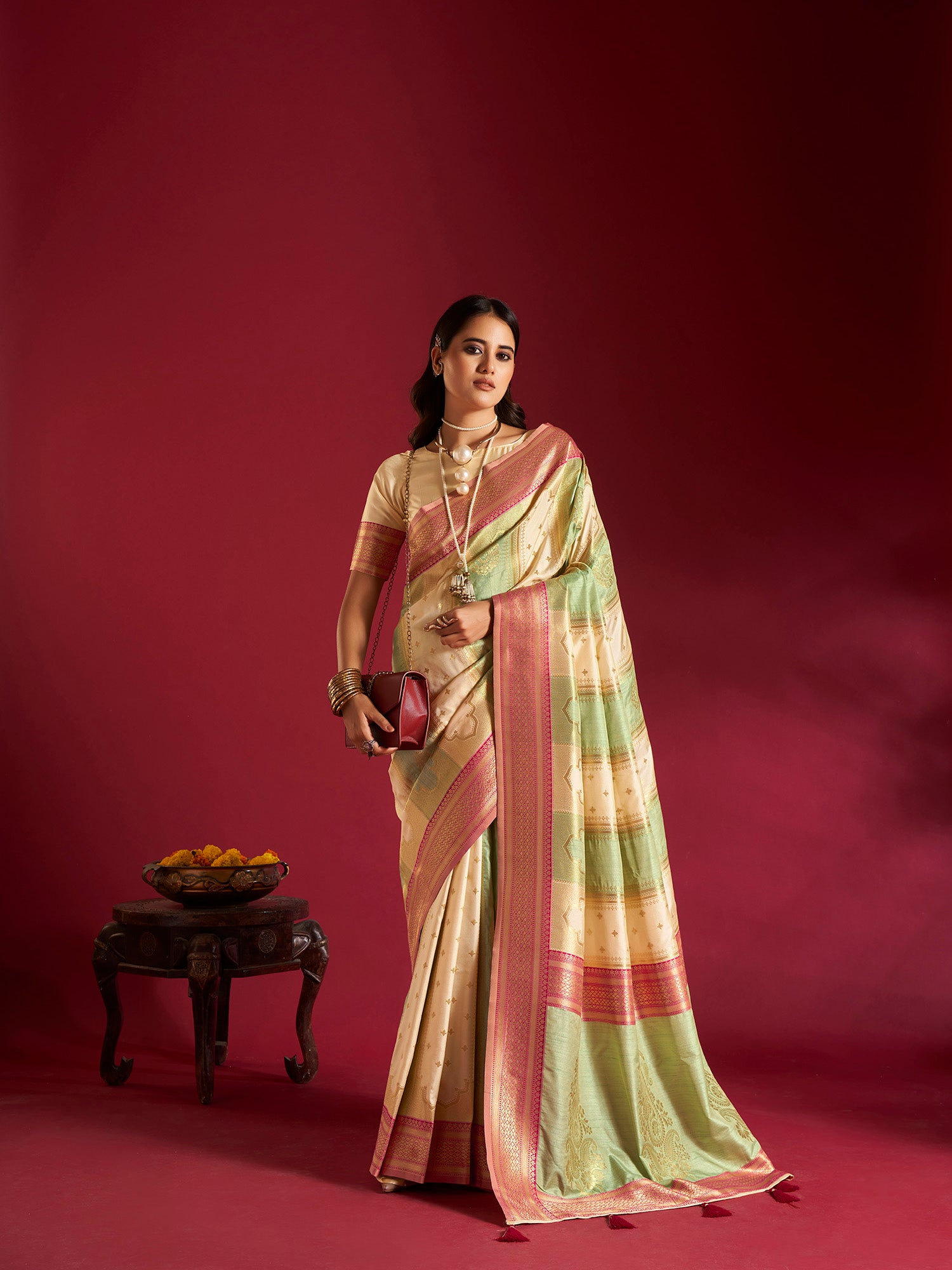 Green and Cream Banarasi Silk Sarees with Unstitched Blouse