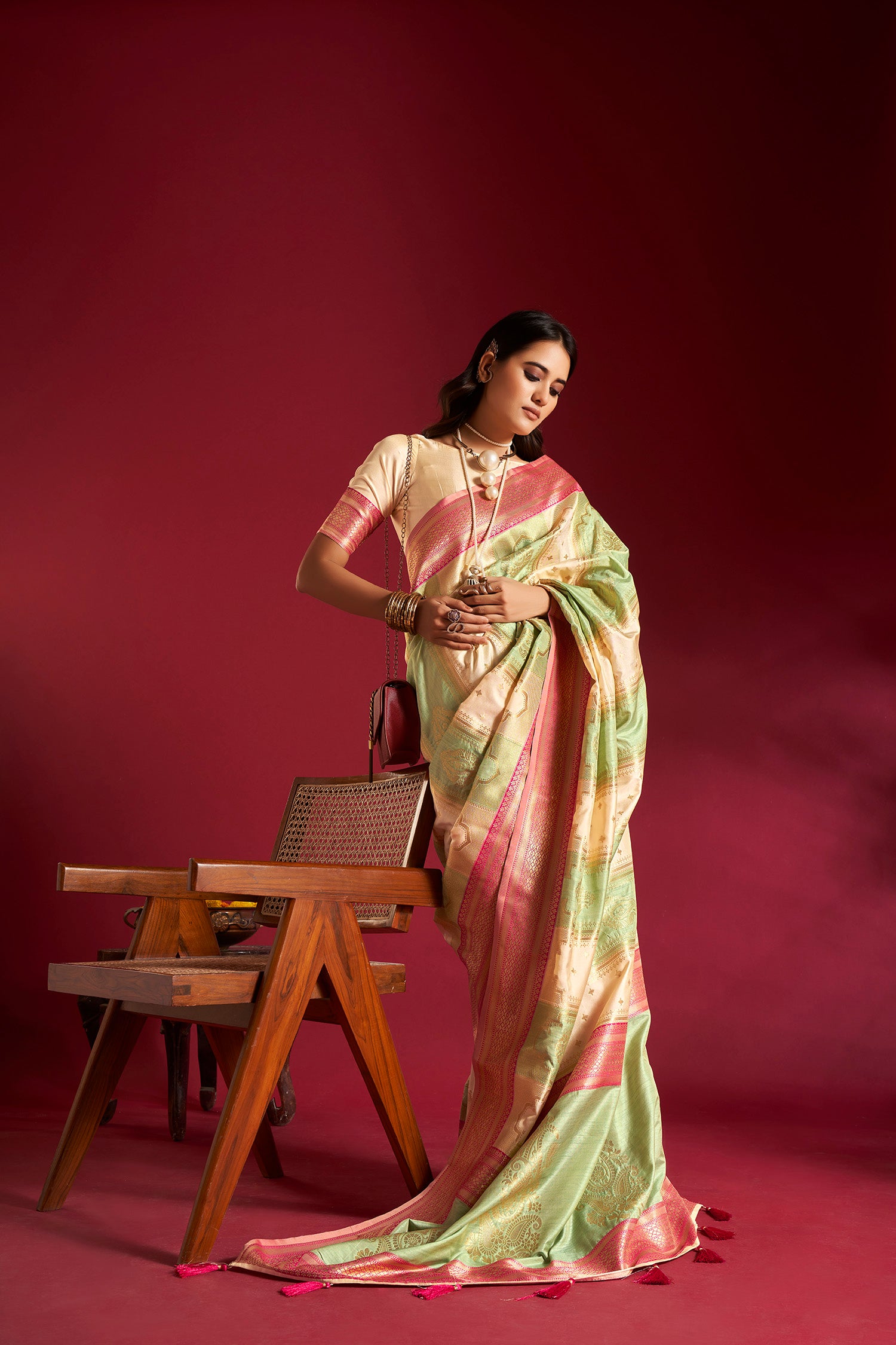 Green and Cream Banarasi Silk Sarees with Unstitched Blouse