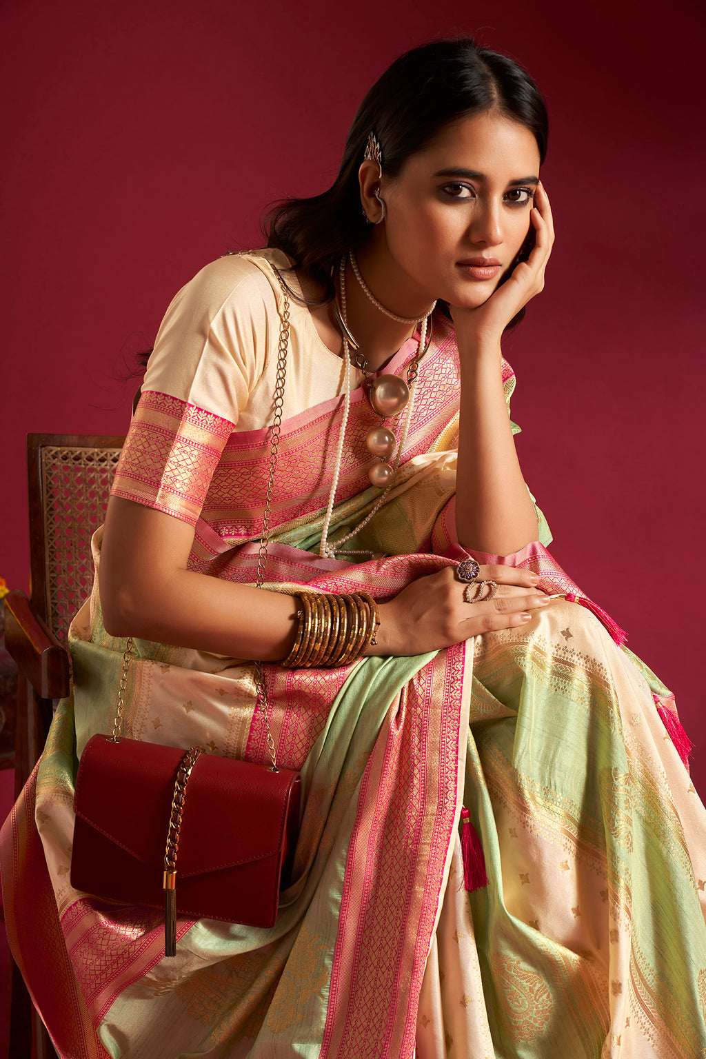 Green and Cream Banarasi Silk Sarees with Unstitched Blouse